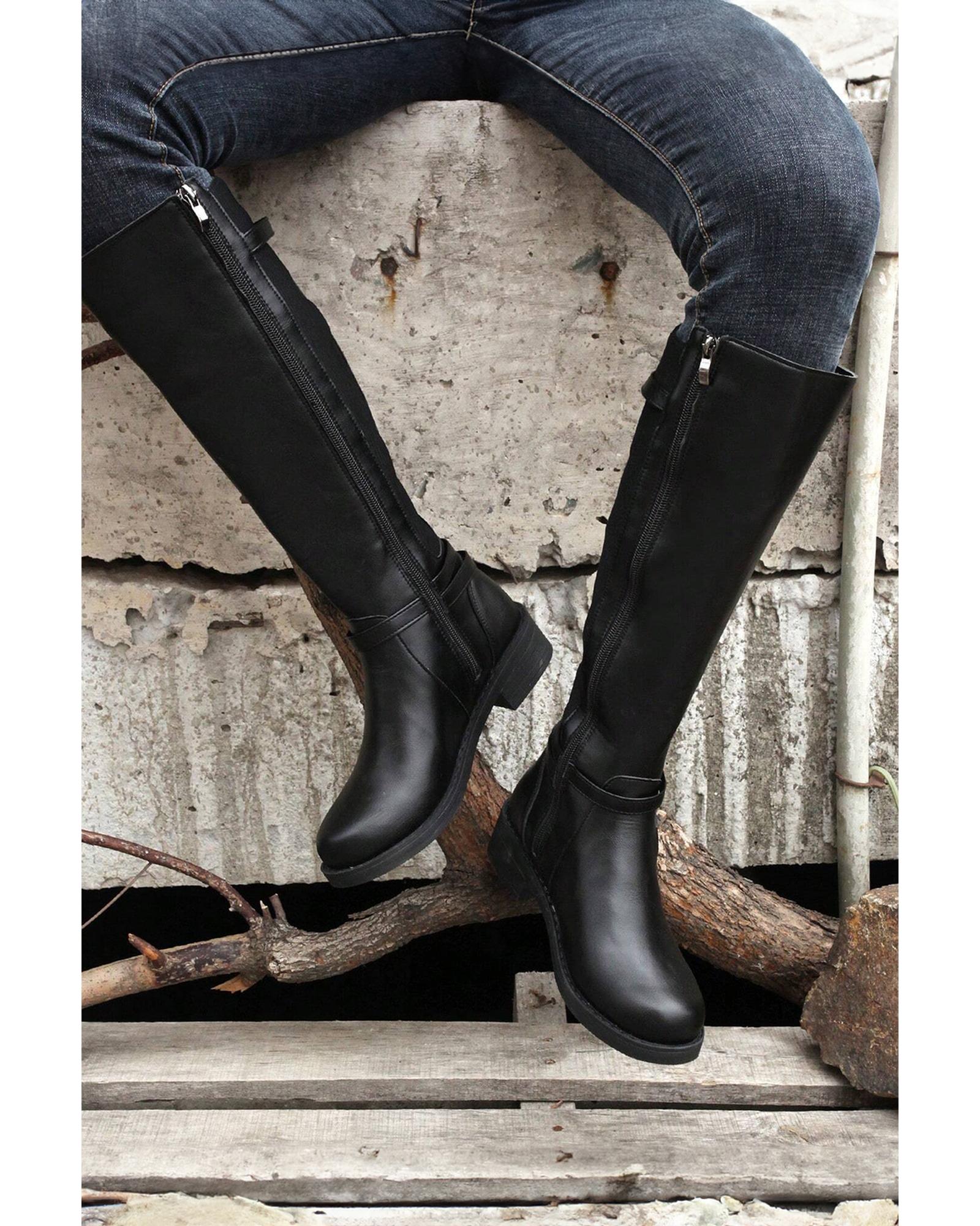 Black Side Zipper Knee High Chunky Low Heel Boots - 37 EU 7