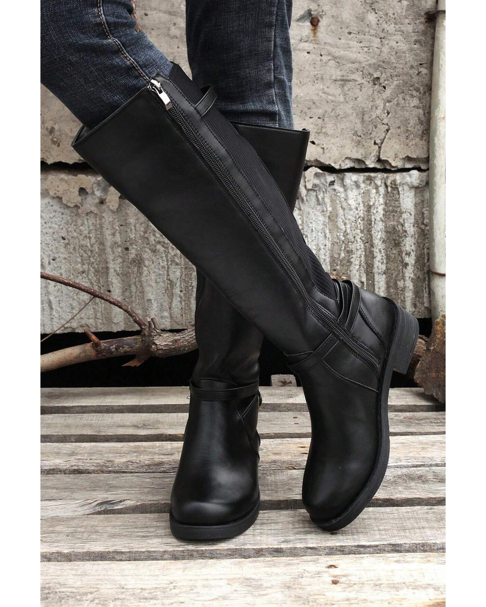 Black Side Zipper Knee High Chunky Low Heel Boots - 40 EU 4