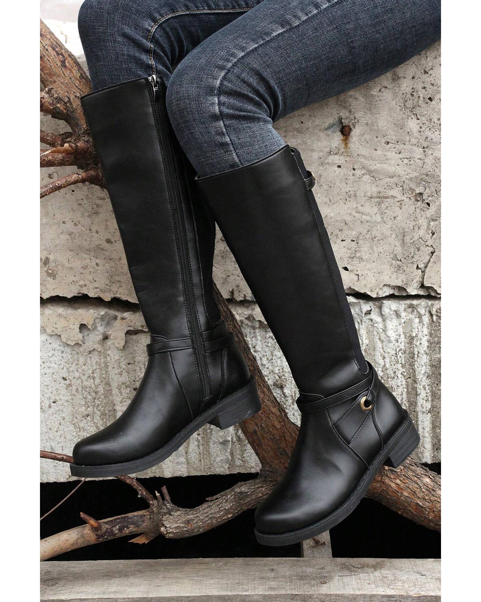 Black Side Zipper Knee High Chunky Low Heel Boots - 41 EU