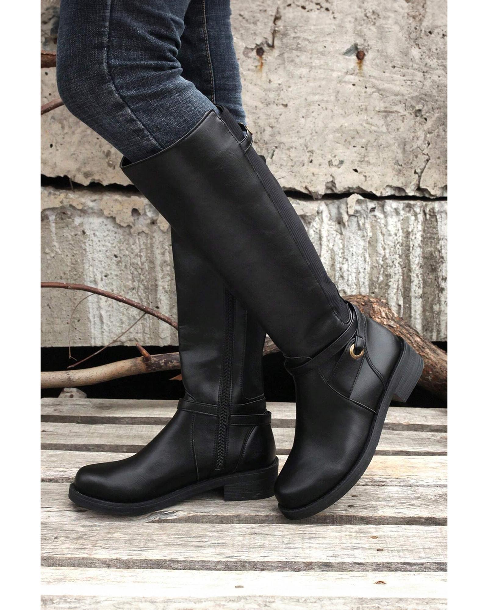 Black Side Zipper Knee High Chunky Low Heel Boots - 41 EU 6