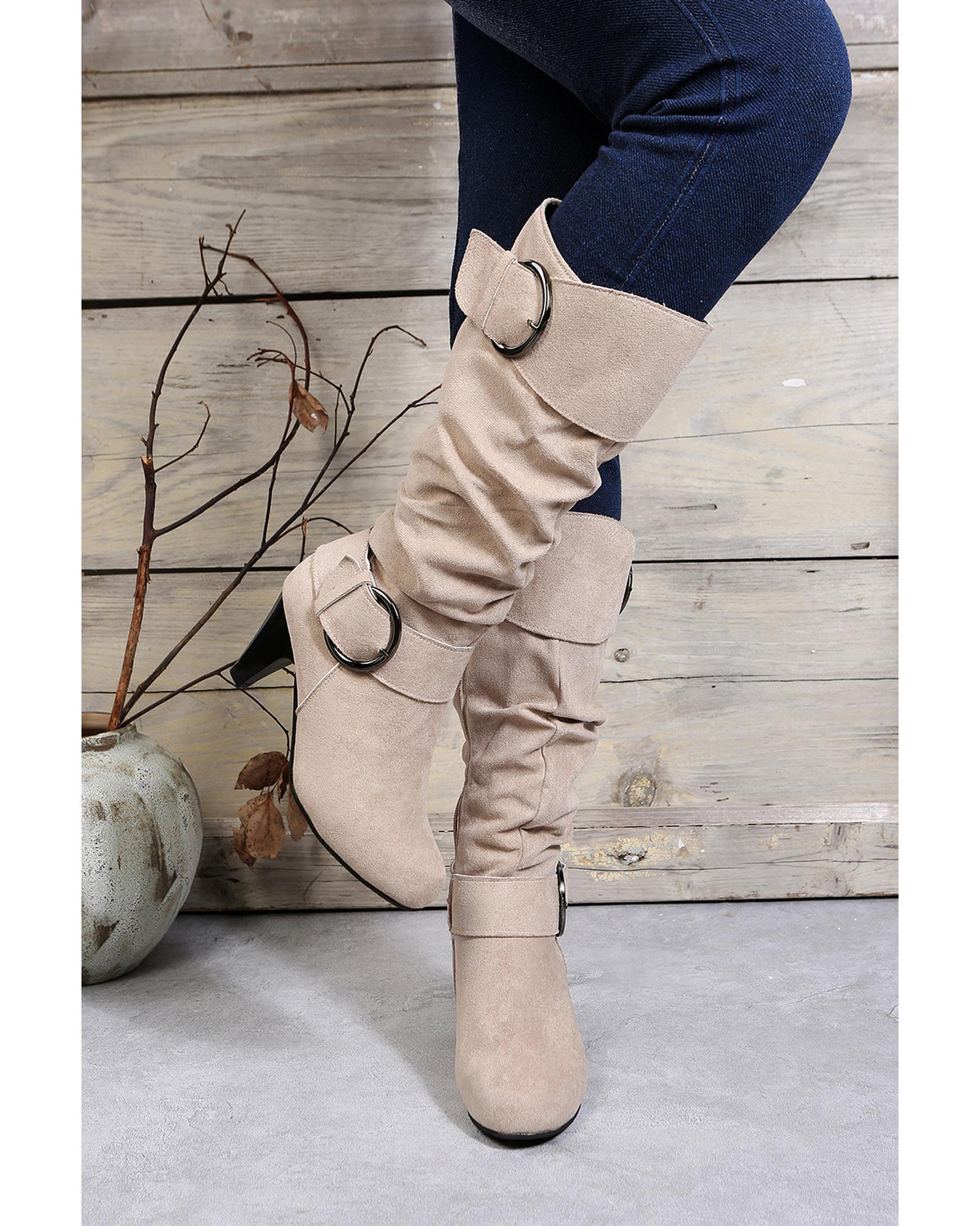 Beige Dual Buckle Strap Side Zip Heeled Mid Calf Boots - 41 EU 3