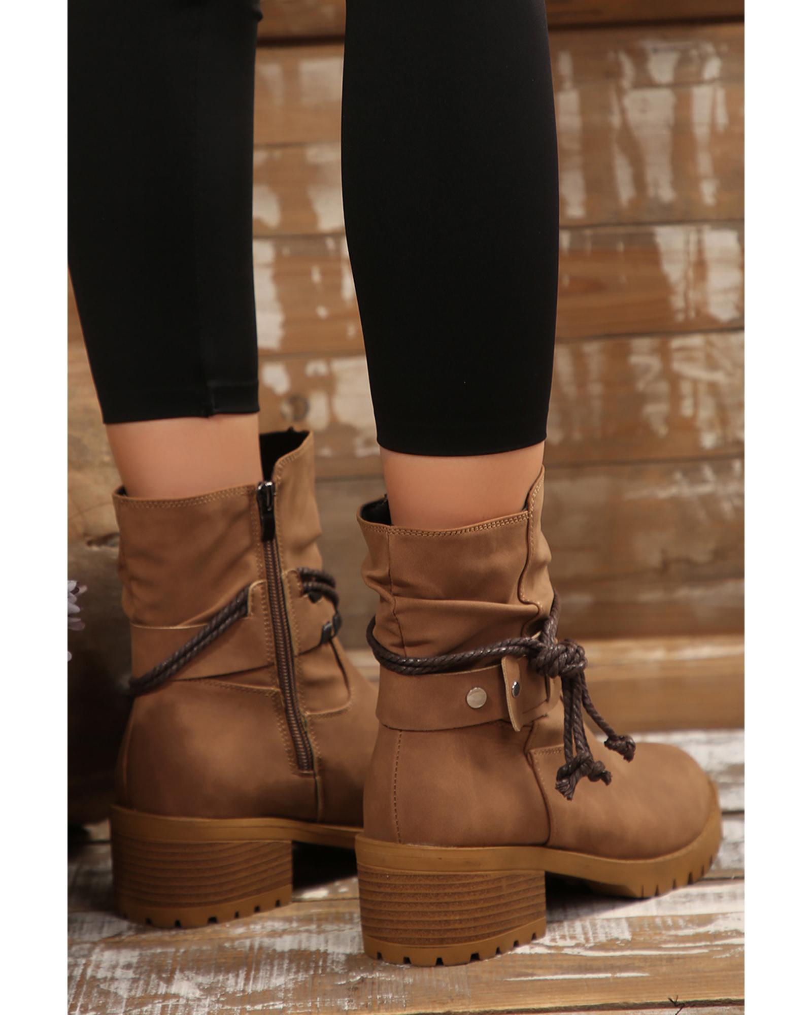 Chestnut Suede Woven Lace-up Strap Side Zip Boots - 37 EU