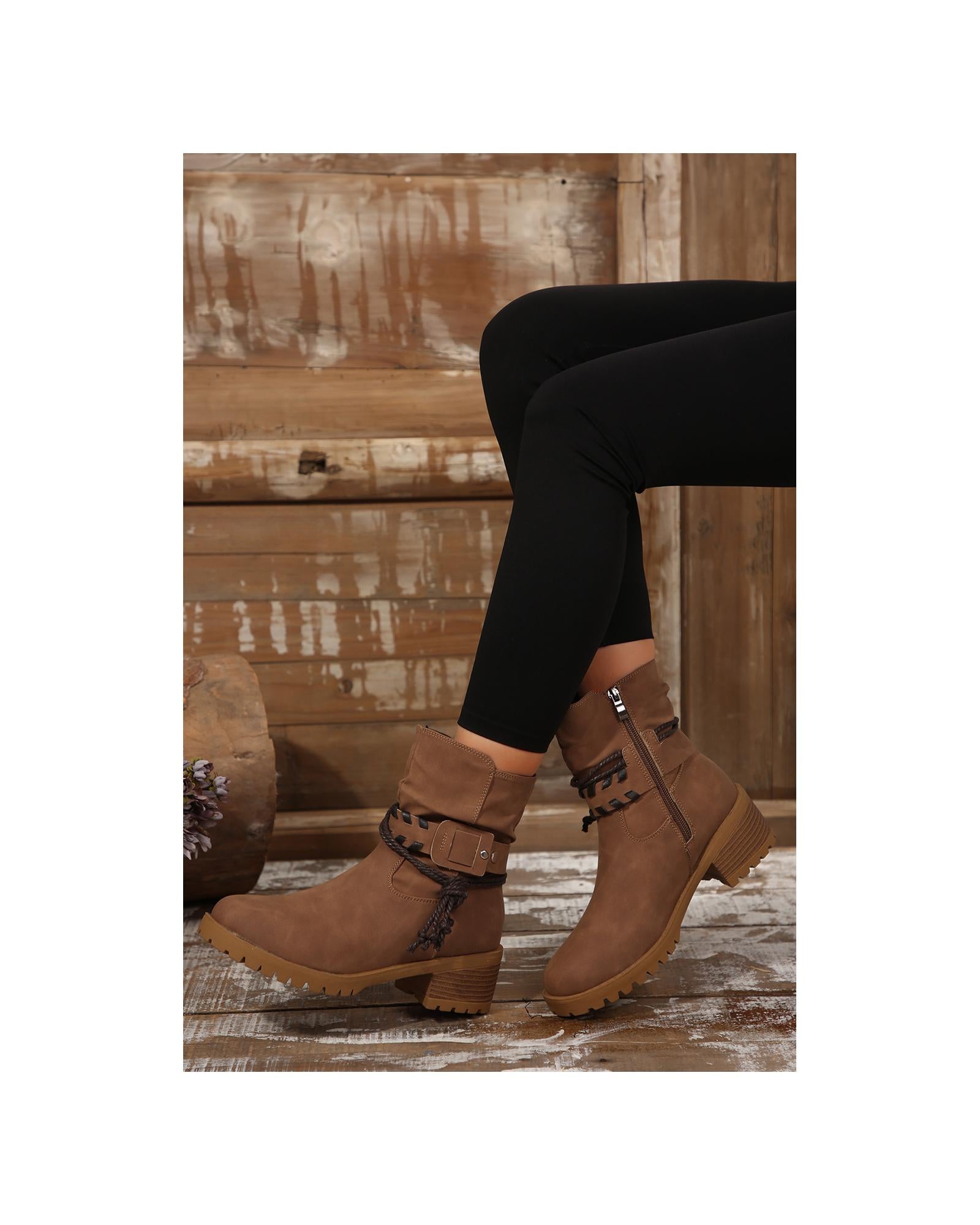 Chestnut Suede Woven Lace-up Strap Side Zip Boots - 37 EU 4