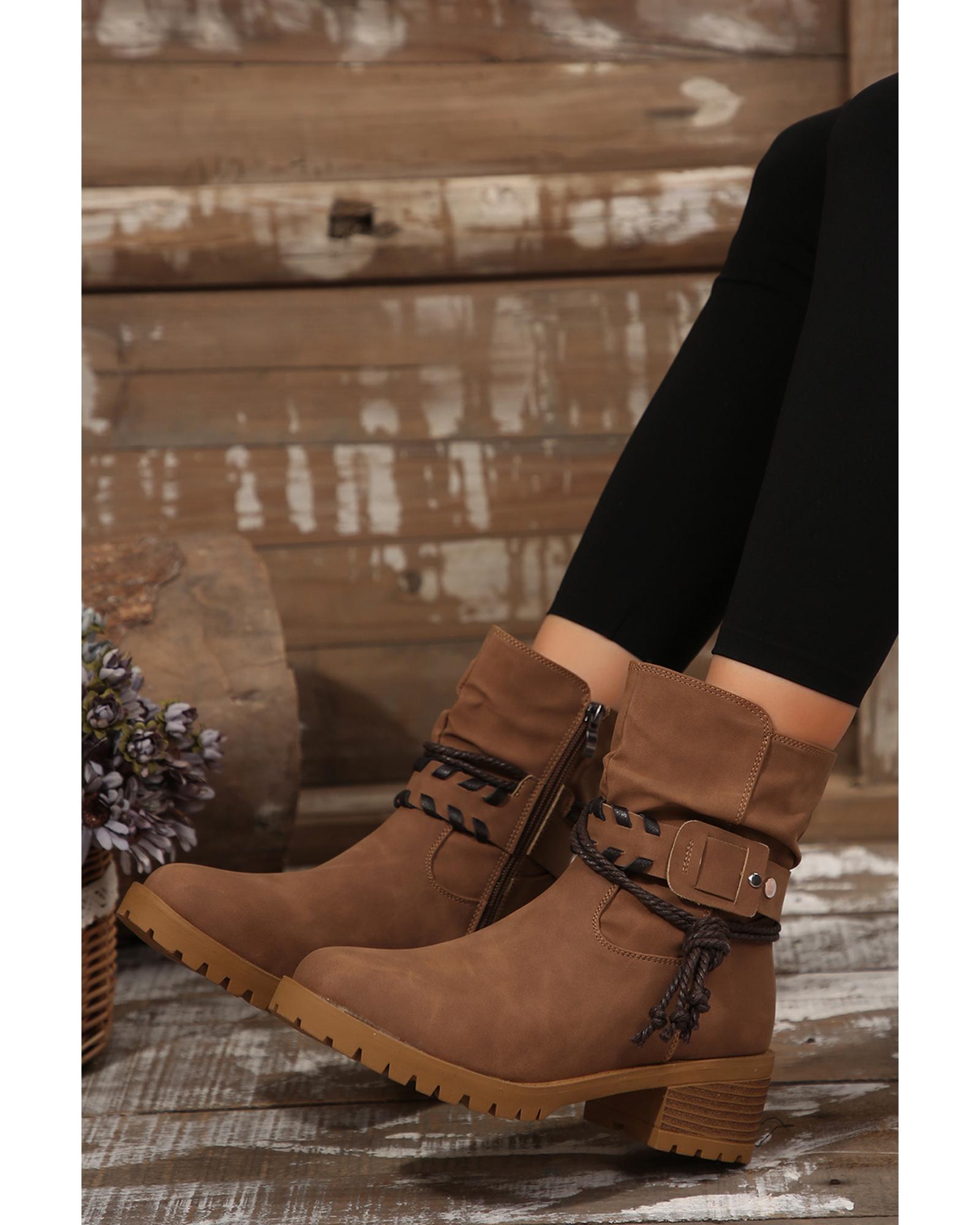 Chestnut Suede Woven Lace-up Strap Side Zip Boots - 38 EU 3