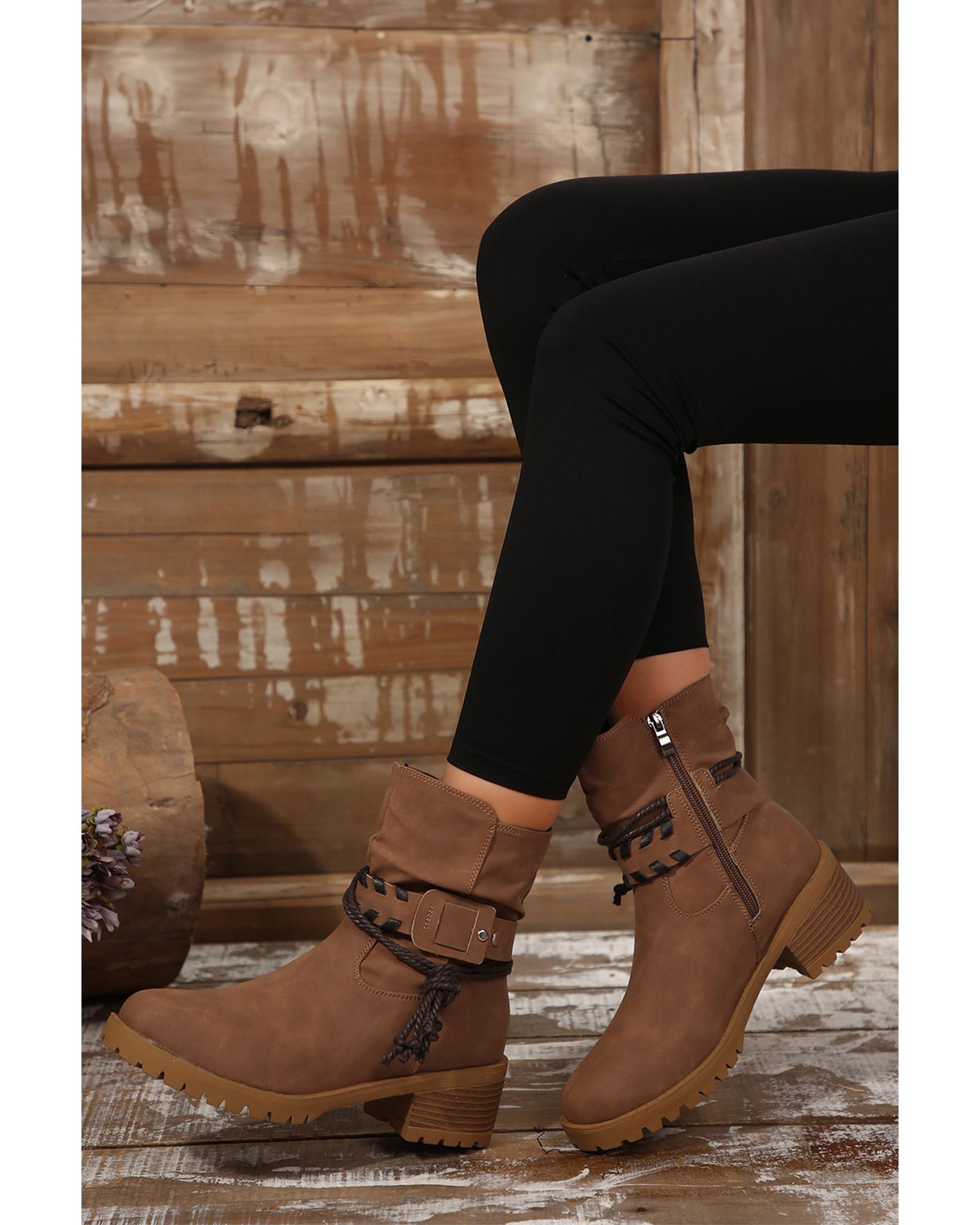 Chestnut Suede Woven Lace-up Strap Side Zip Boots - 38 EU 4