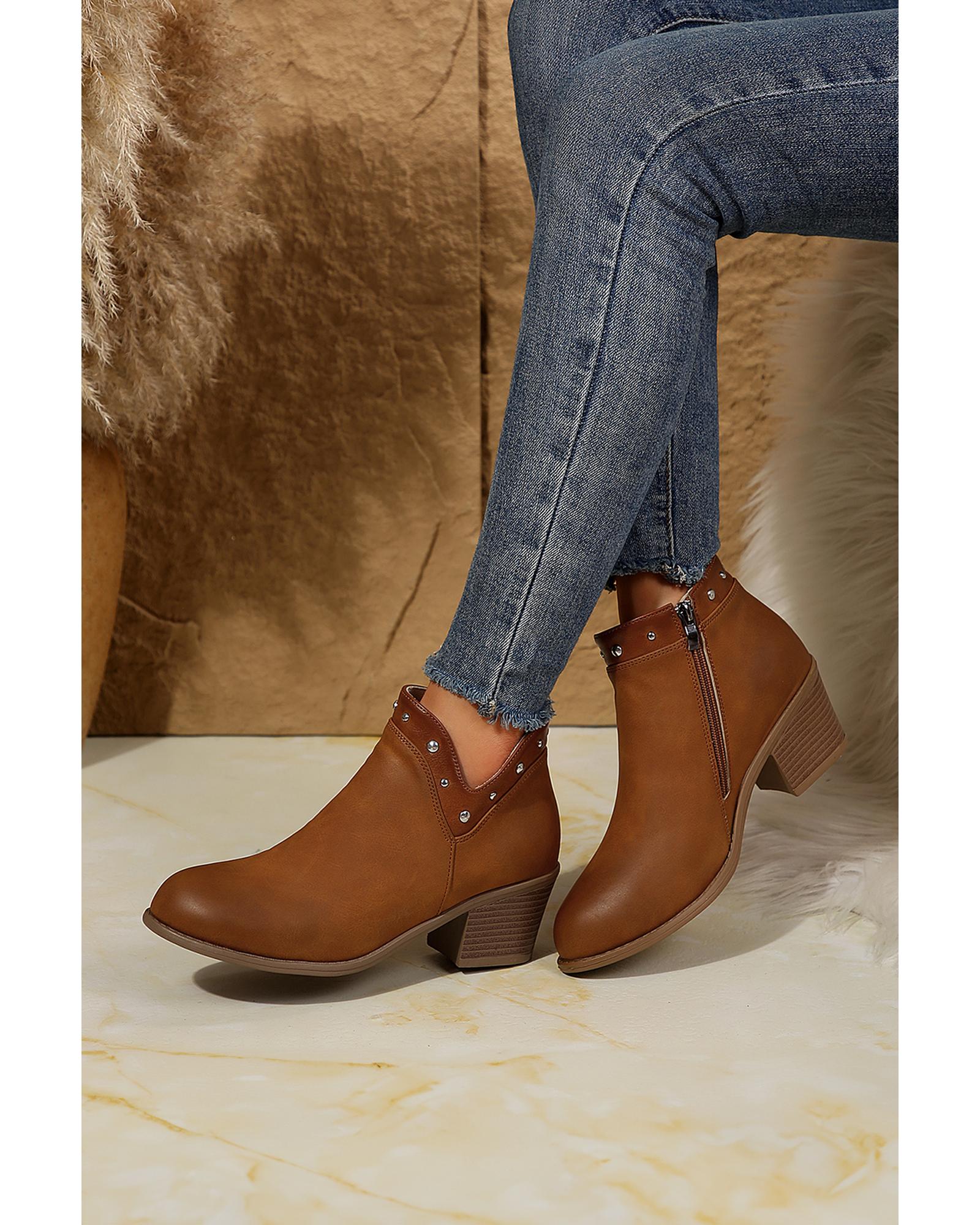 Chestnut Studded Faux Leather Chunky Heel Ankle Boots - 38 EU 6