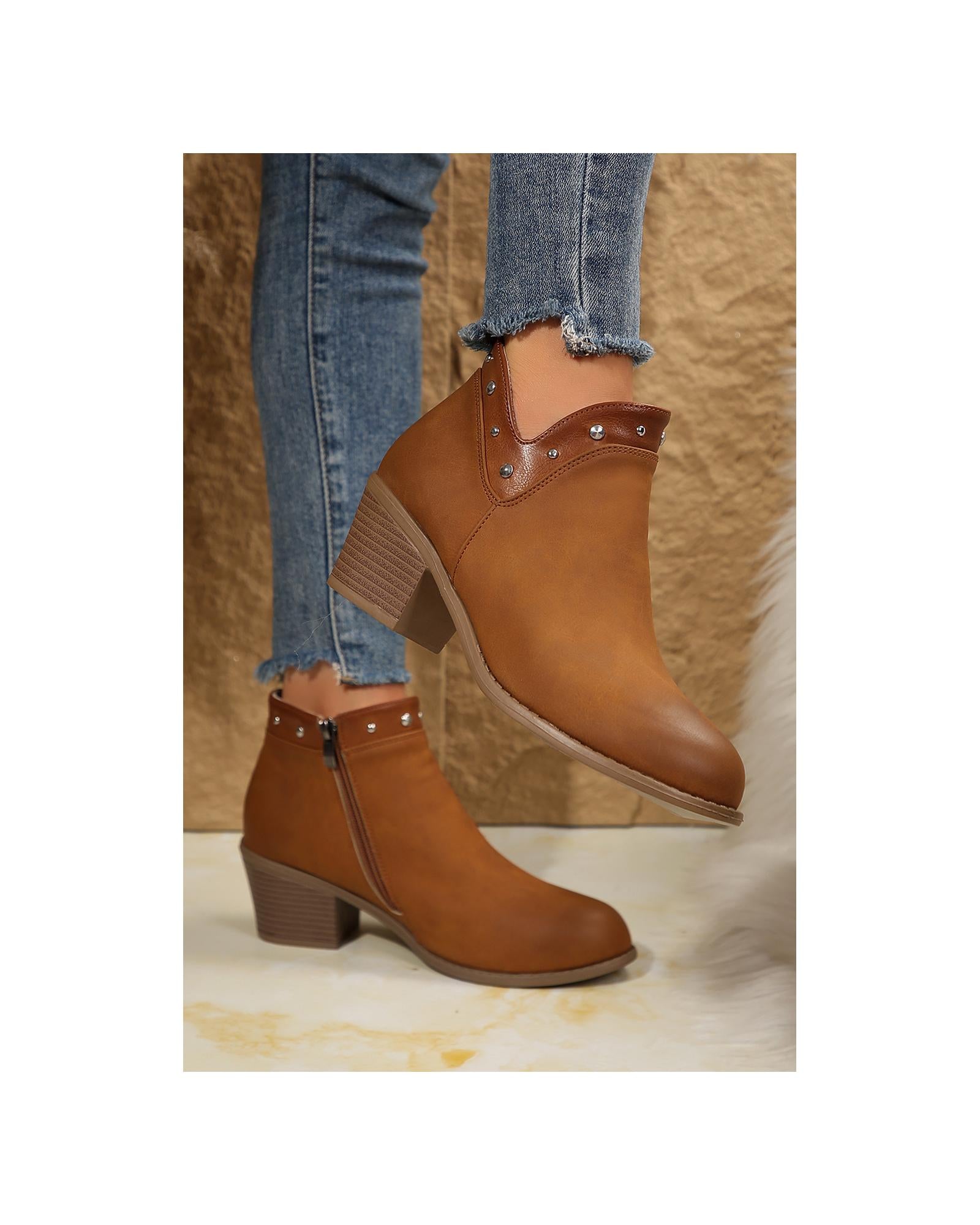 Chestnut Studded Faux Leather Chunky Heel Ankle Boots - 39 EU 3