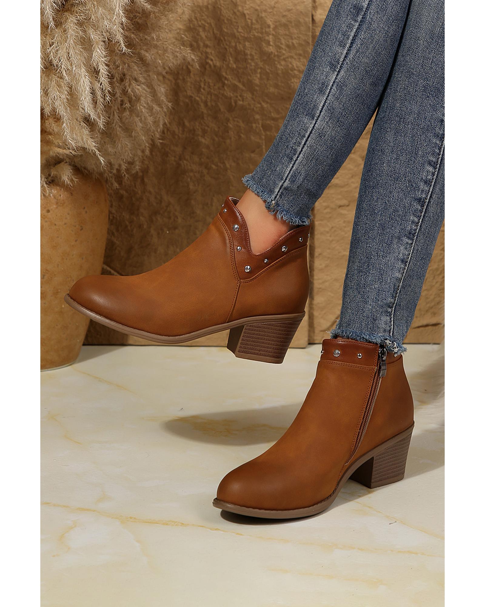 Chestnut Studded Faux Leather Chunky Heel Ankle Boots - 39 EU 4