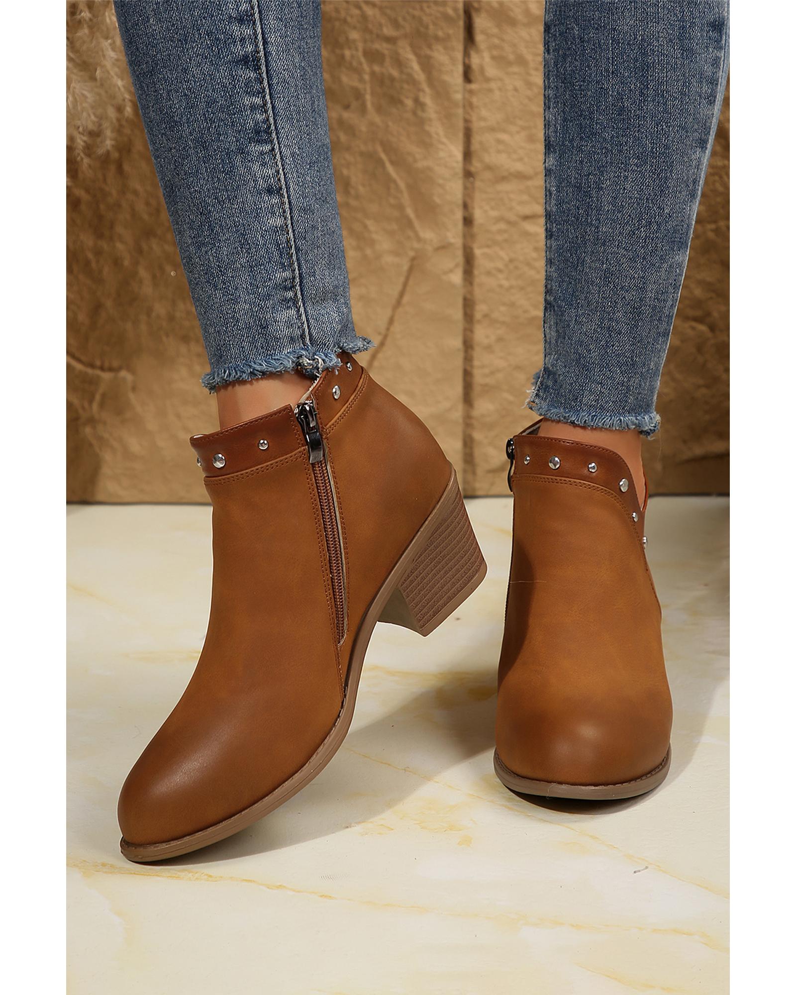 Chestnut Studded Faux Leather Chunky Heel Ankle Boots - 39 EU 5