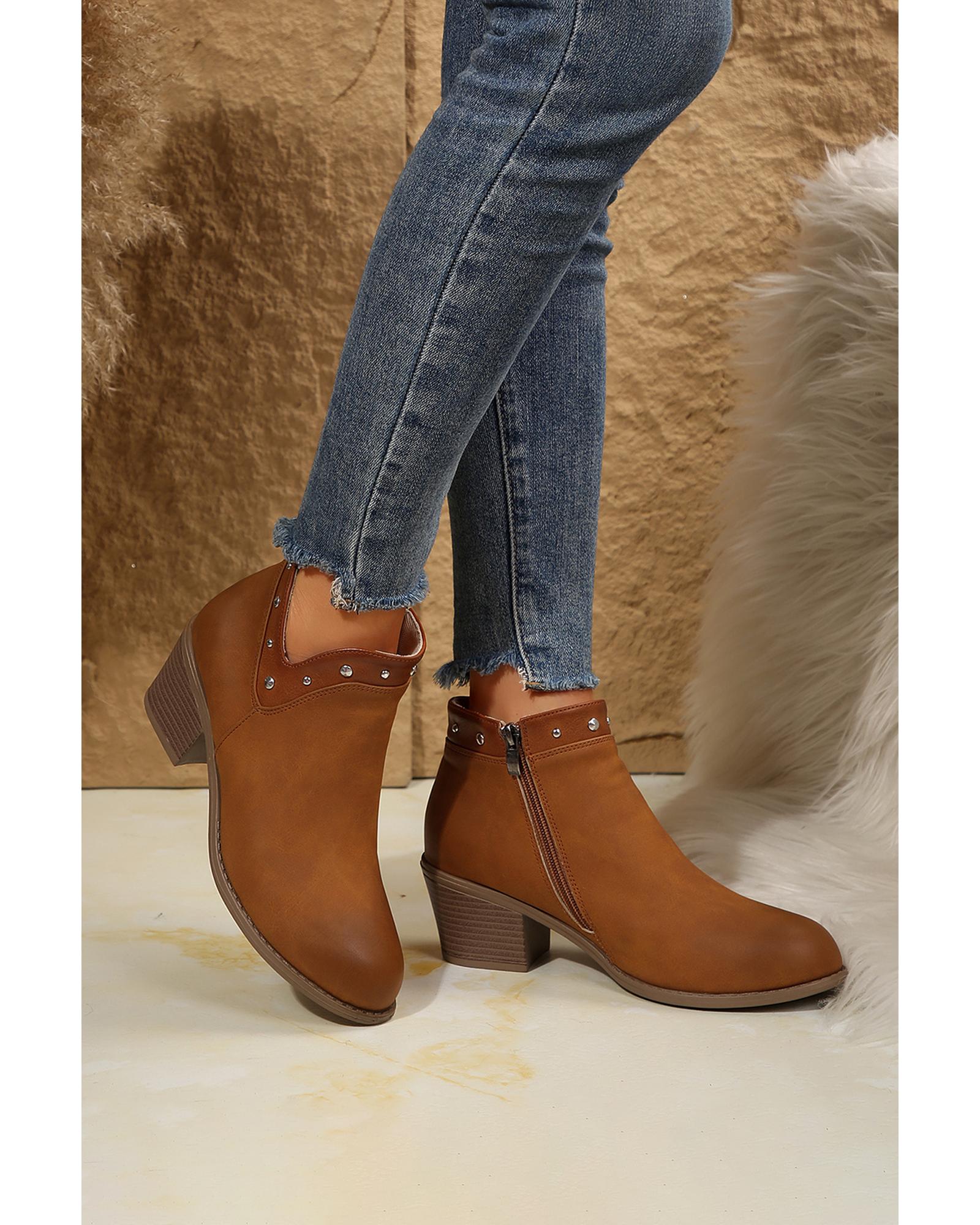 Chestnut Studded Faux Leather Chunky Heel Ankle Boots - 39 EU 7