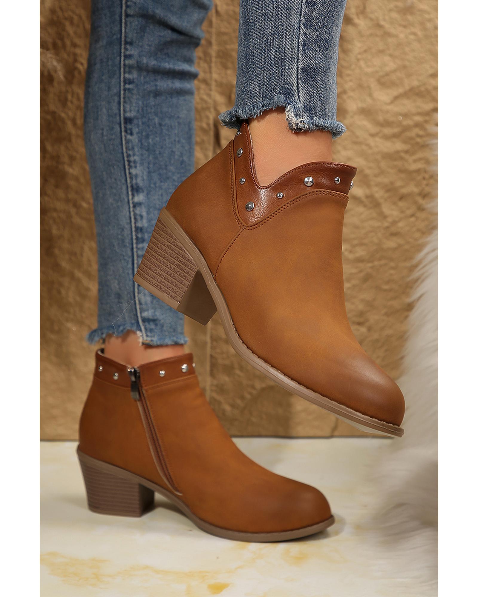 Chestnut Studded Faux Leather Chunky Heel Ankle Boots - 42 EU 3