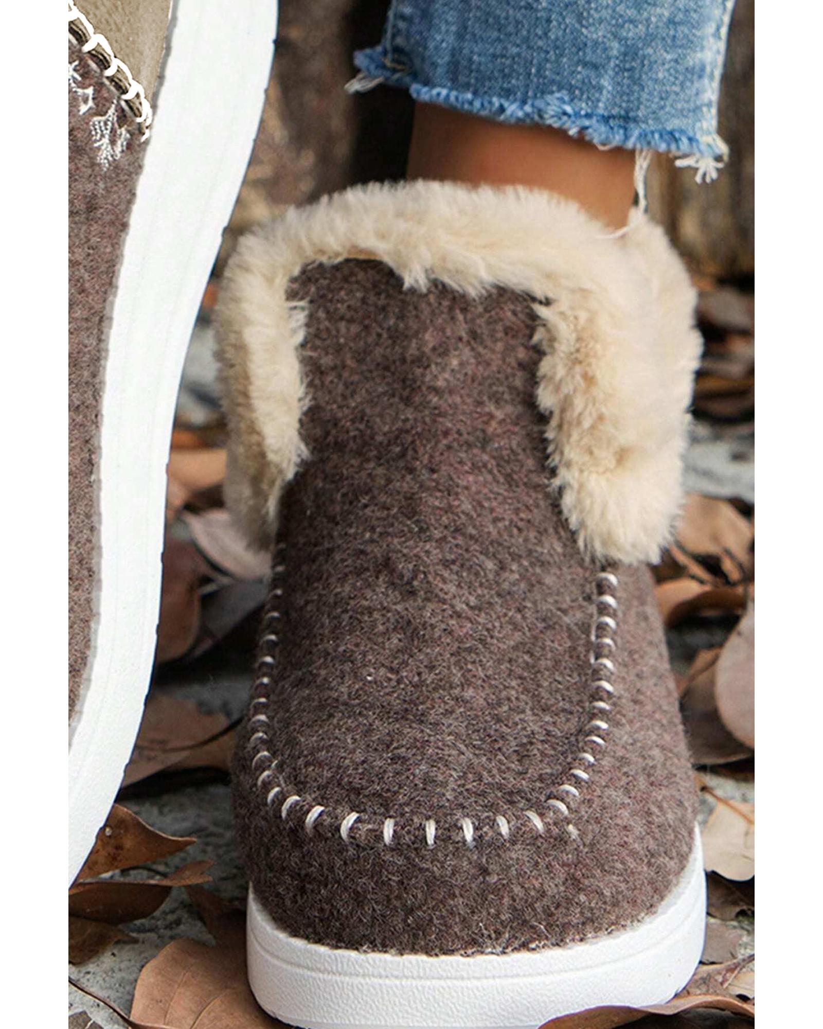 Coffee Suede Stitching Patchwork Plush Lined Anklet Boots - 41 EU 3