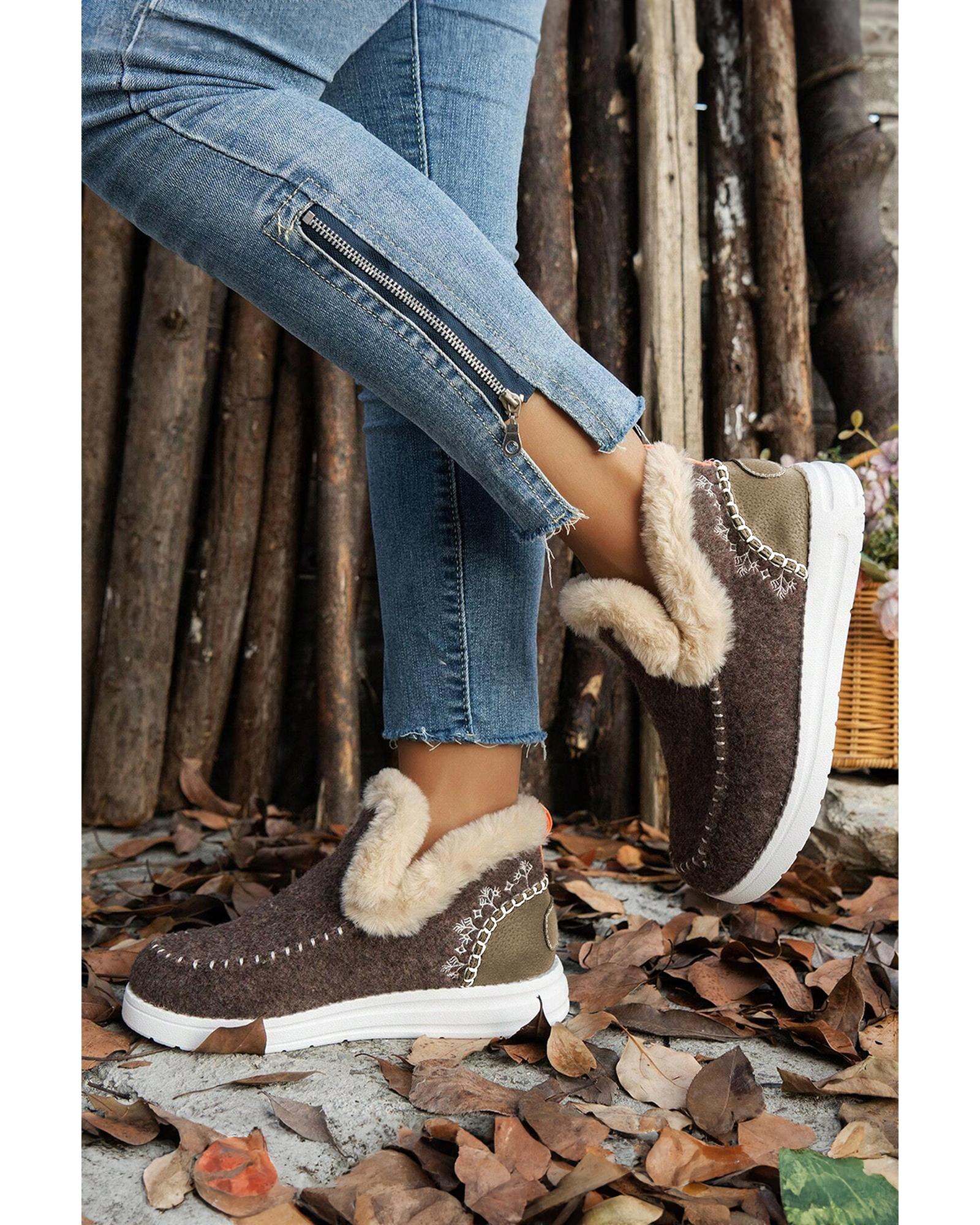 Coffee Suede Stitching Patchwork Plush Lined Anklet Boots - 41 EU 4