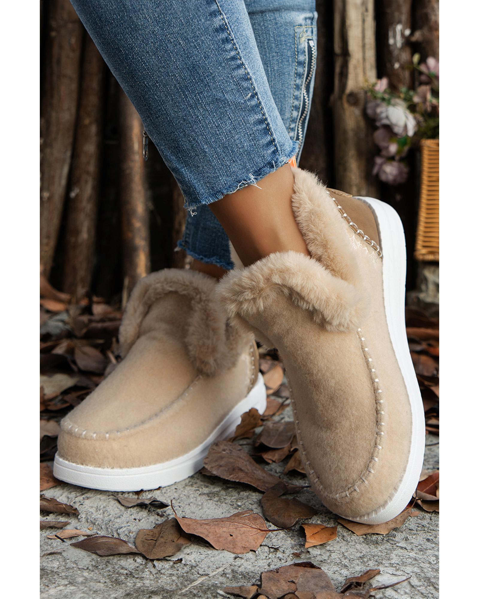 Beige Suede Stitching Patchwork Plush Lined Anklet Boots - 37 EU 3