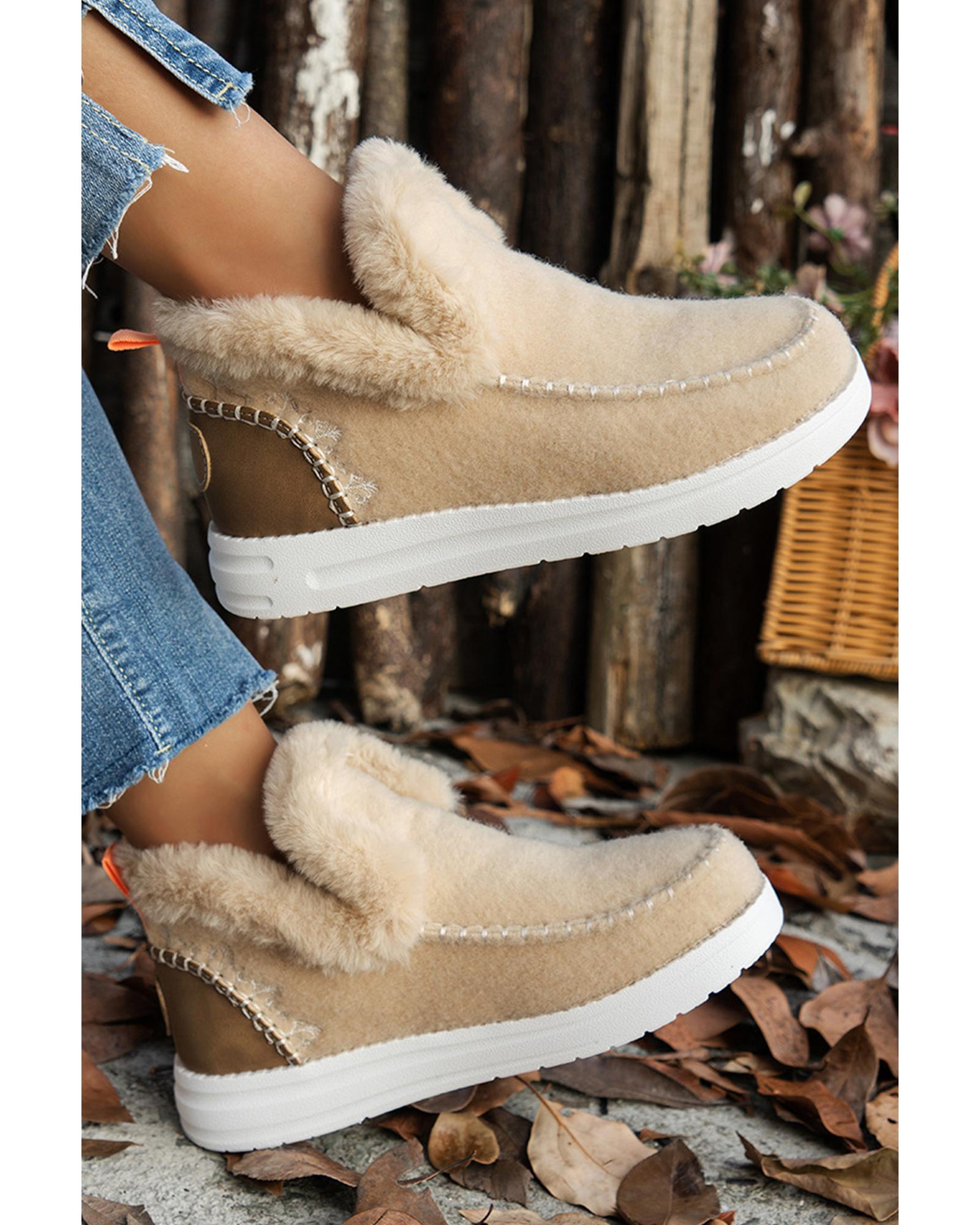 Beige Suede Stitching Patchwork Plush Lined Anklet Boots - 37 EU 4