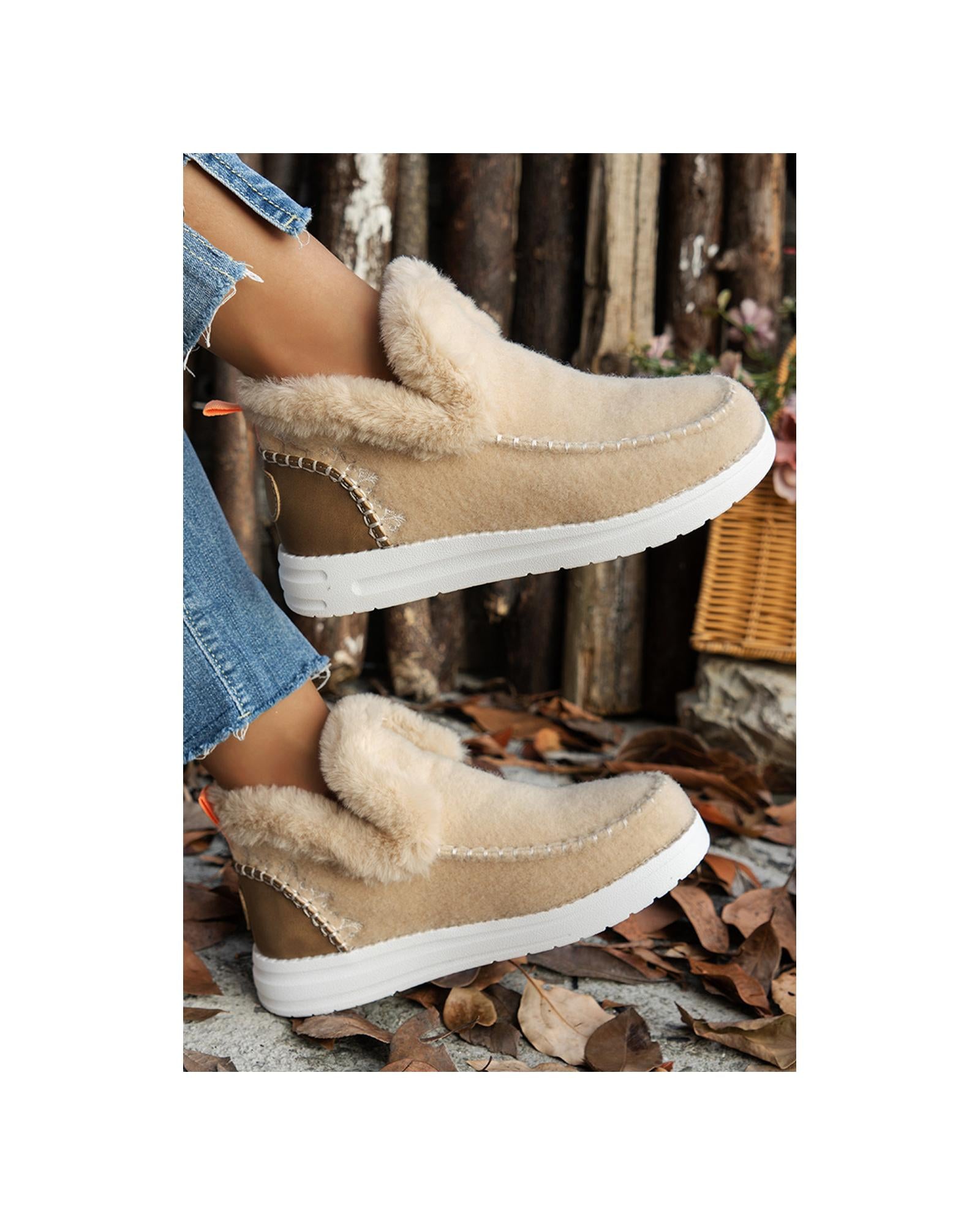 Beige Suede Stitching Patchwork Plush Lined Anklet Boots - 39 EU 4