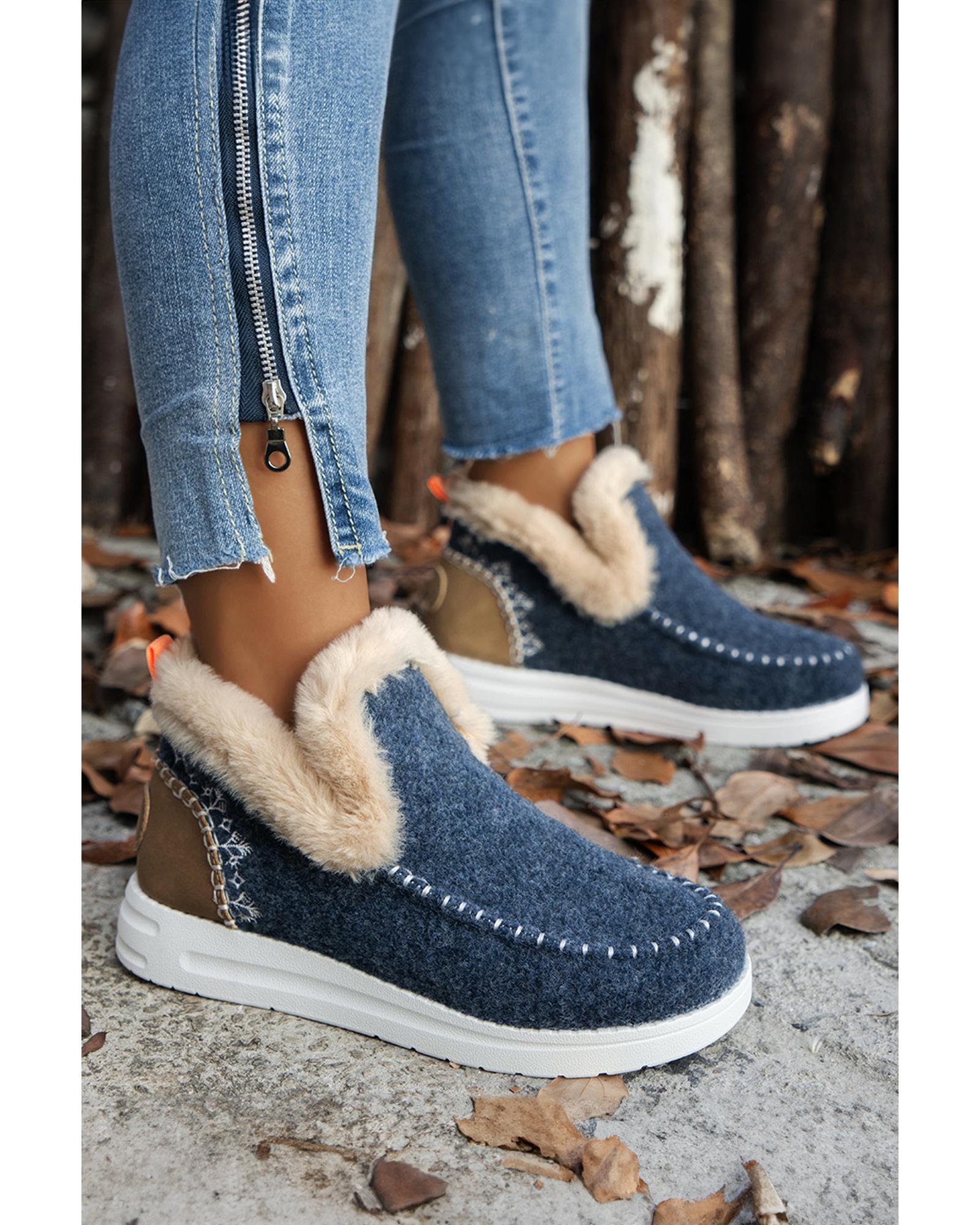 Blue Suede Stitching Patchwork Plush Lined Anklet Boots - 37 EU 5