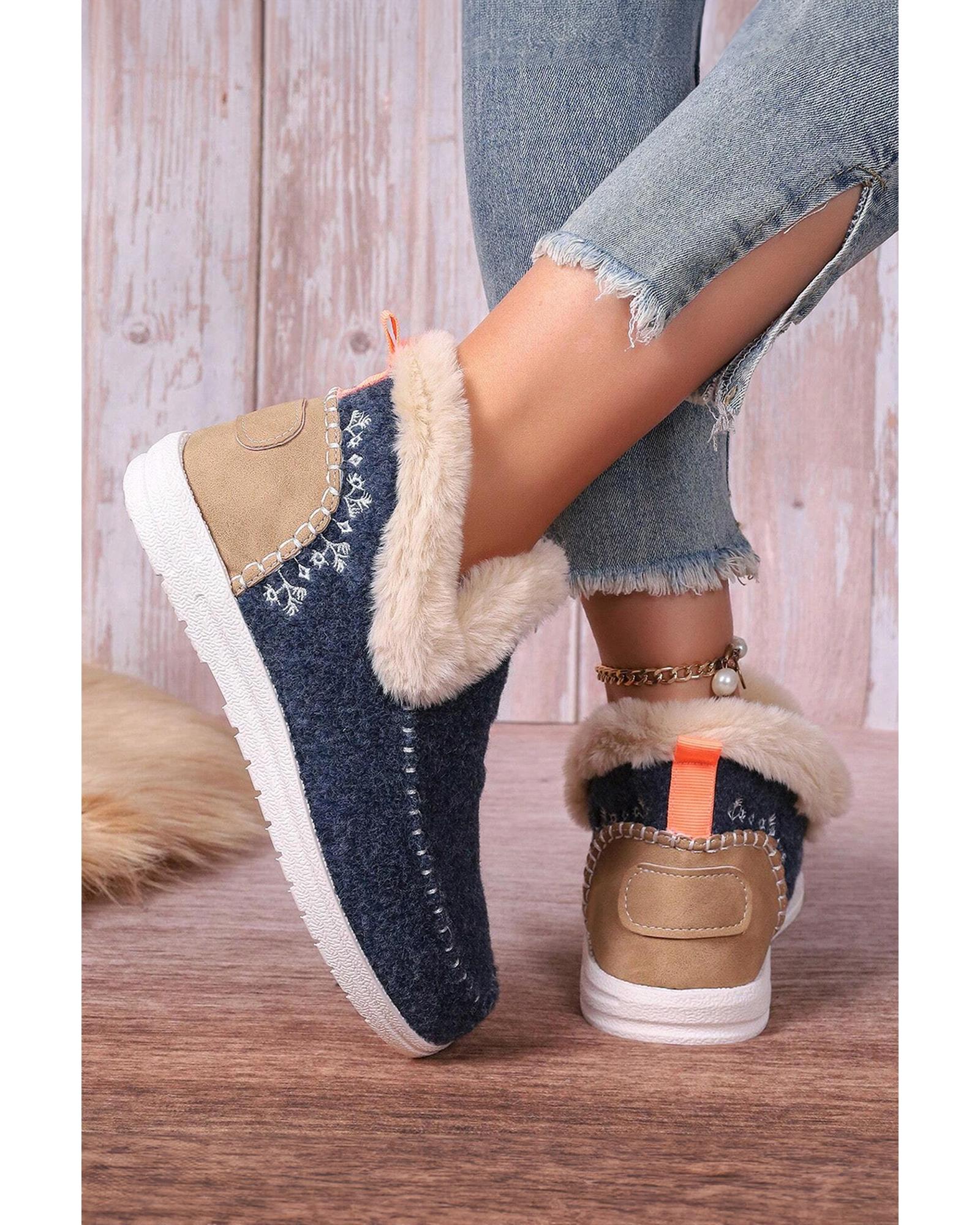 Blue Suede Stitching Patchwork Plush Lined Anklet Boots - 37 EU 7