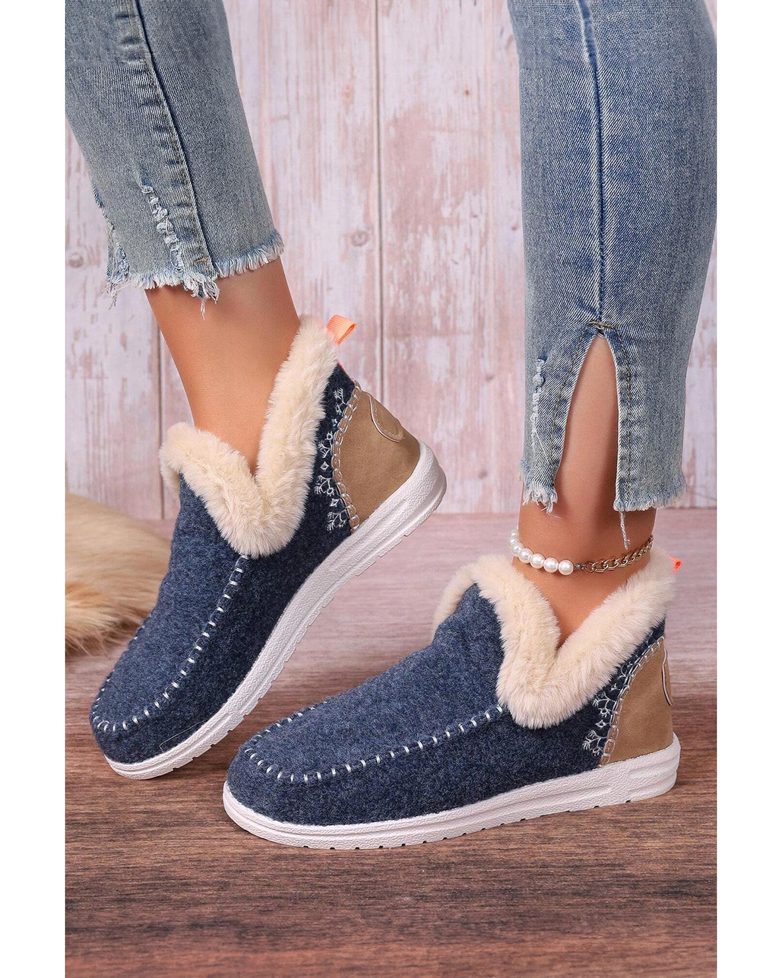 Blue Suede Stitching Patchwork Plush Lined Anklet Boots - 42 EU 6