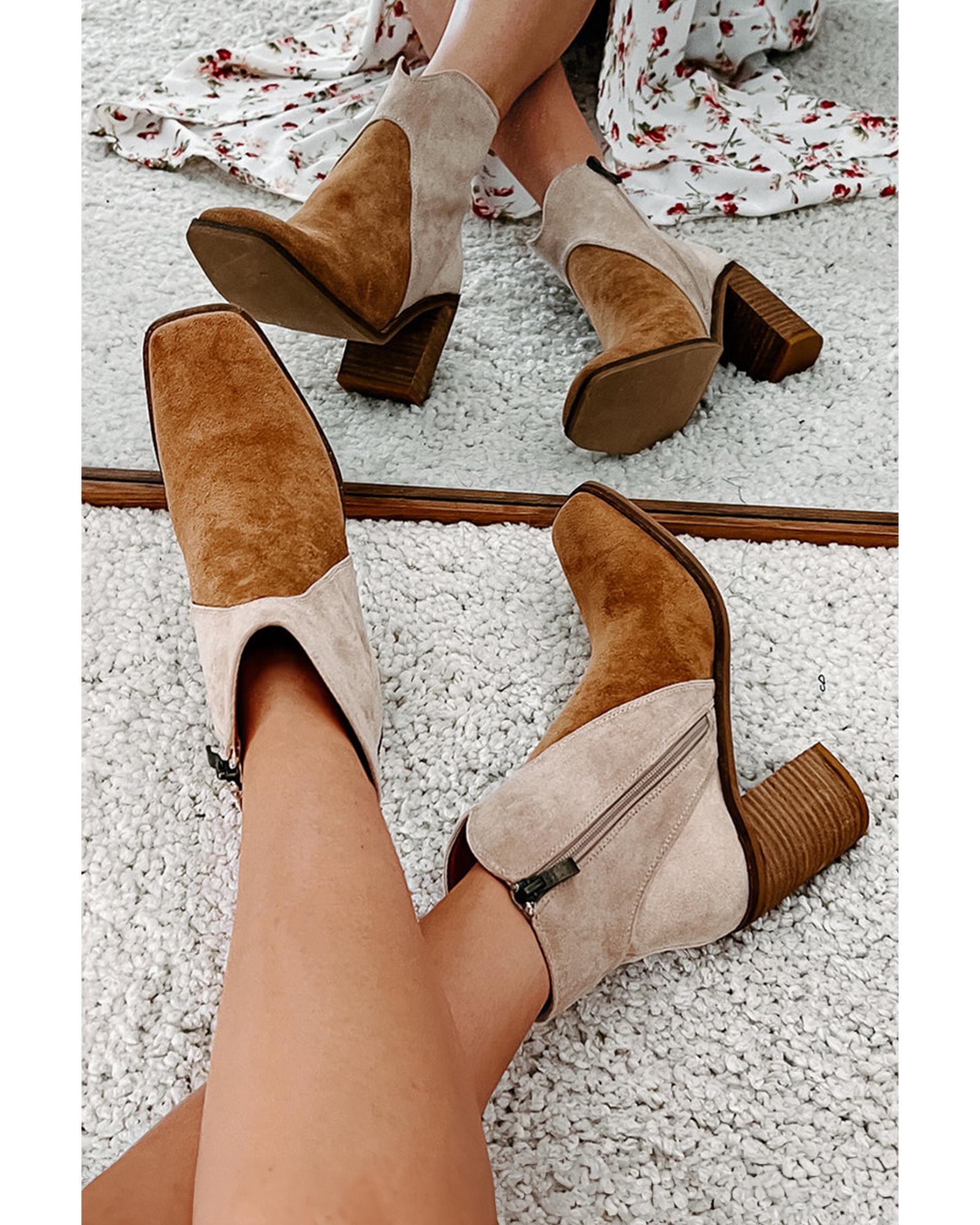Camel Two Tone Faux Suede Square Toe Chunky Heel Boots - 41 EU