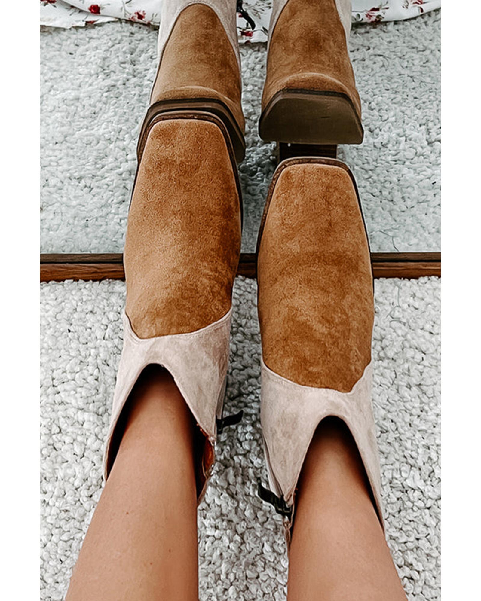 Camel Two Tone Faux Suede Square Toe Chunky Heel Boots - 41 EU 3