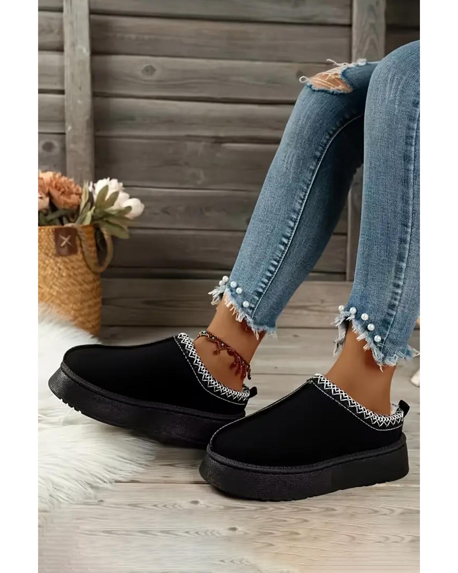 Azura Exchange Black Suede Contrast Print Round Toe Plush Lined Flats - 37 EU 5