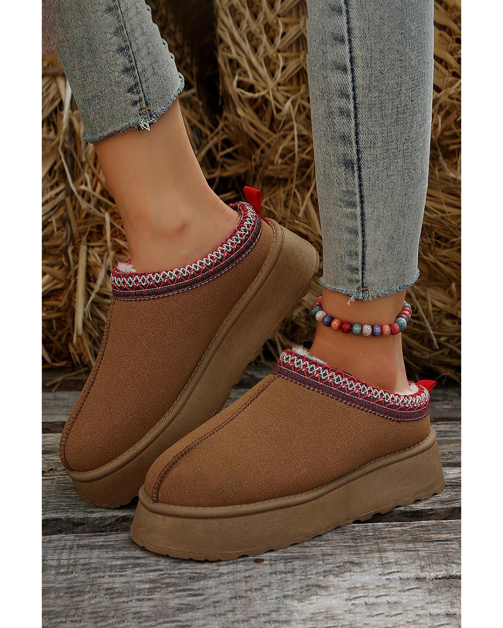 Chestnut Suede Contrast Print Round Toe Plush Lined Flats - 38 EU 3