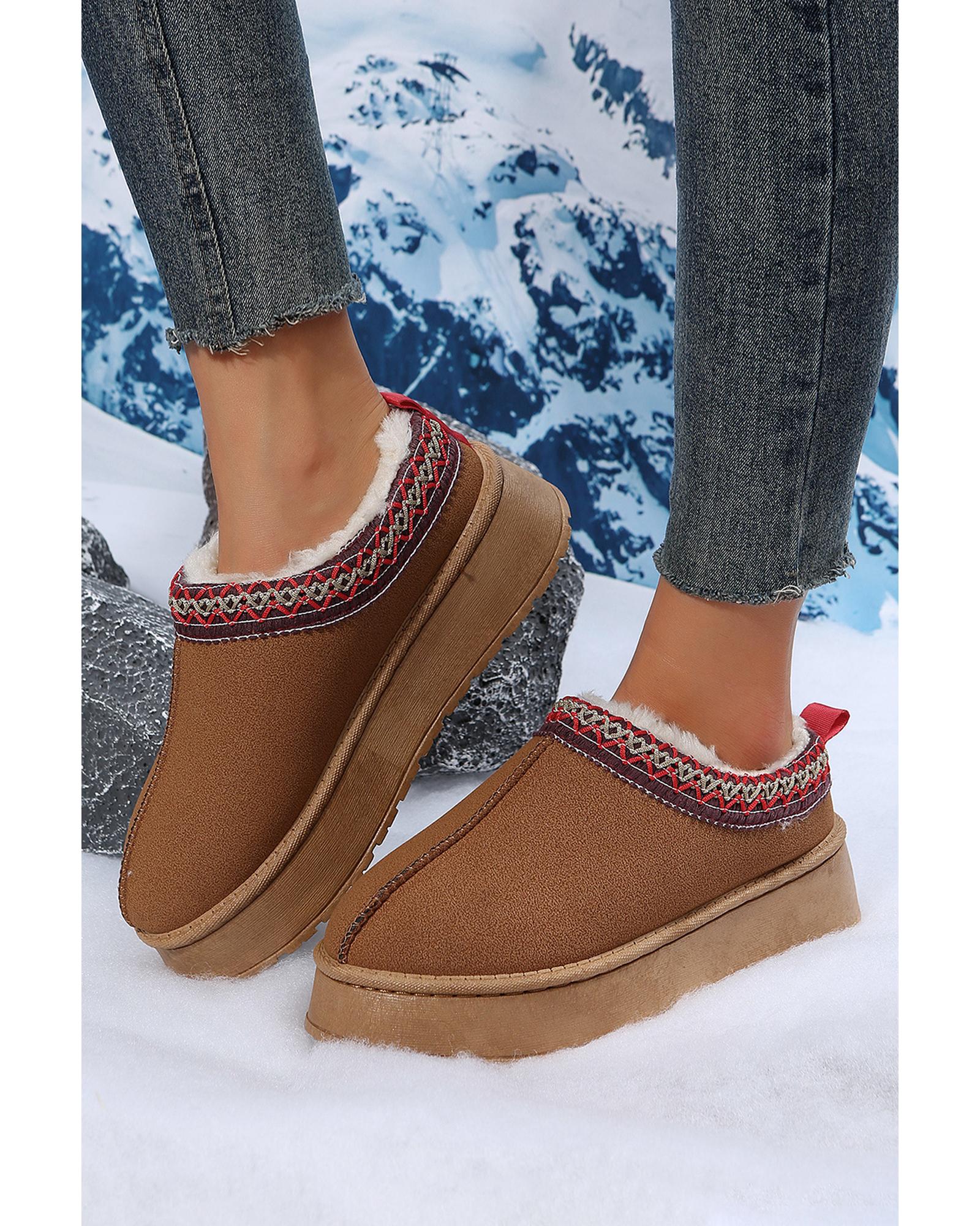 Chestnut Suede Contrast Print Round Toe Plush Lined Flats - 40 EU