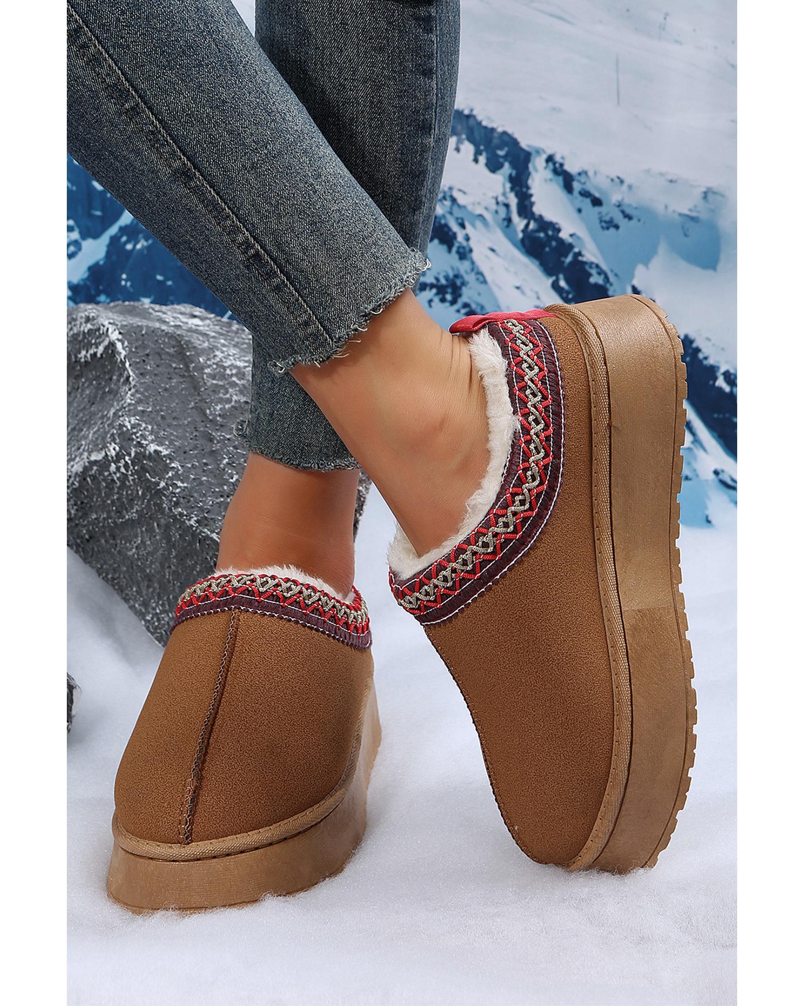 Chestnut Suede Contrast Print Round Toe Plush Lined Flats - 40 EU 6