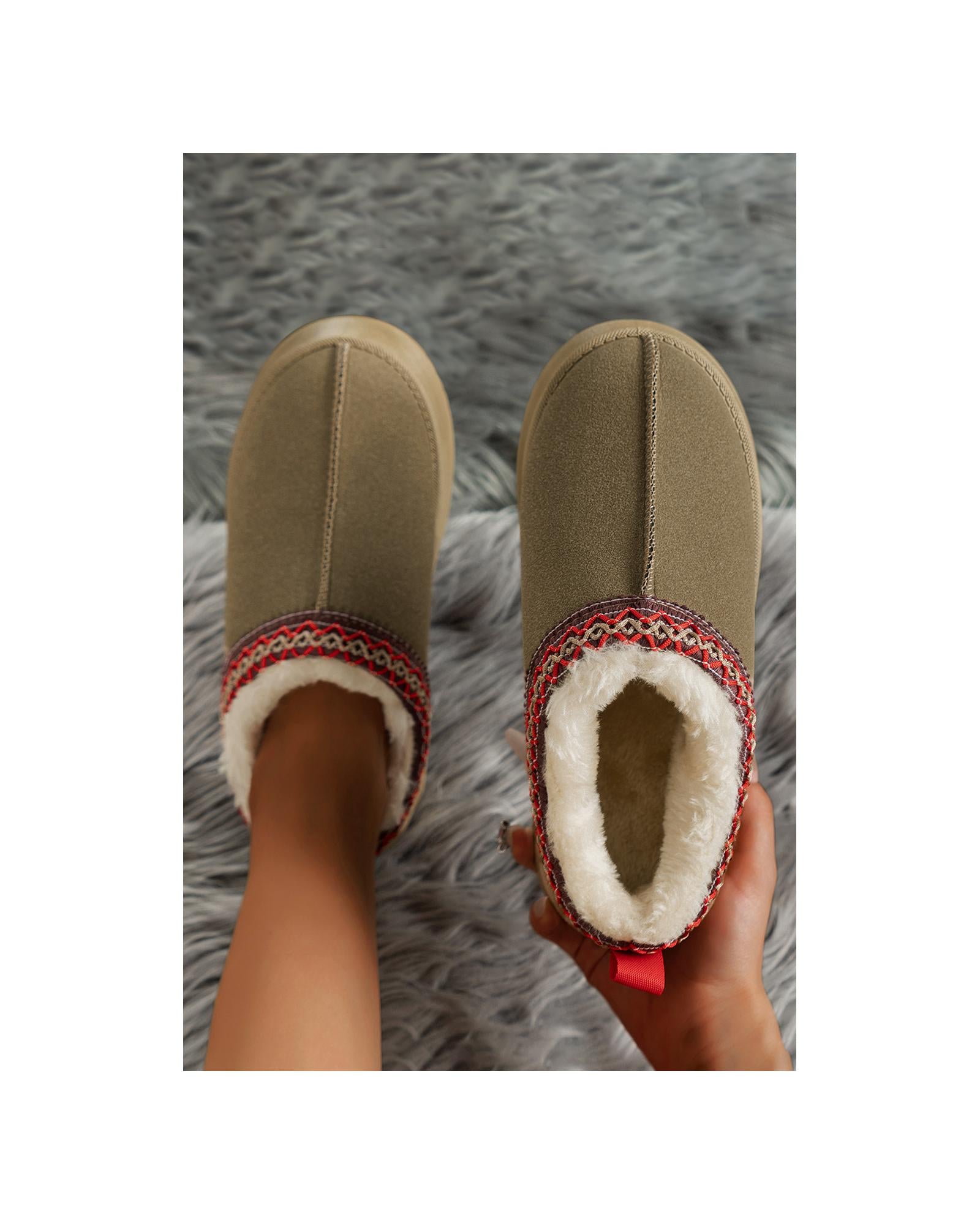 Sage Green Suede Contrast Print Round Toe Plush Lined Flats - 39 EU 8
