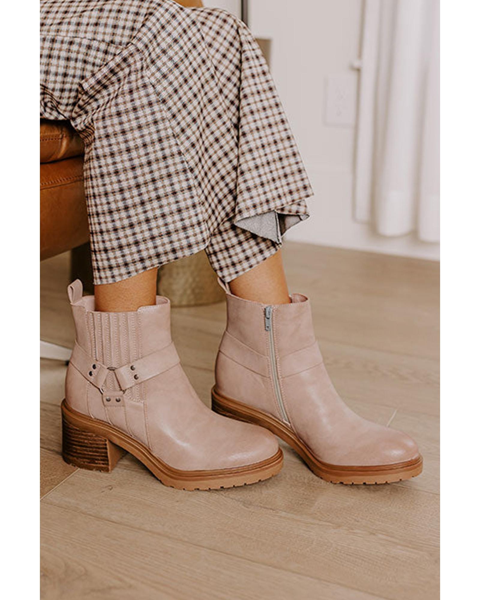 Beige Ring Linked Zipper Chunky Heel Ankle Boots - 41 EU