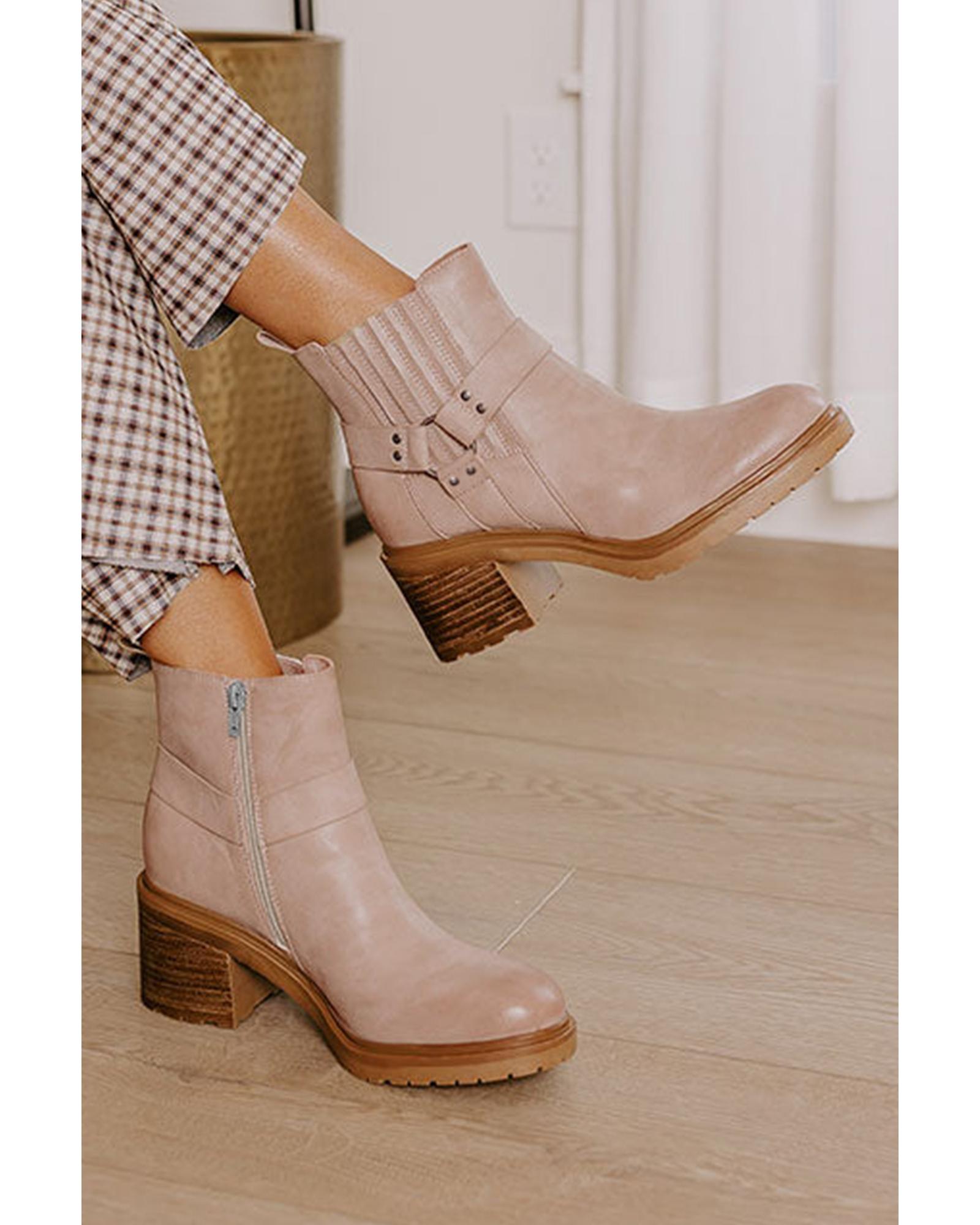 Beige Ring Linked Zipper Chunky Heel Ankle Boots - 42 EU