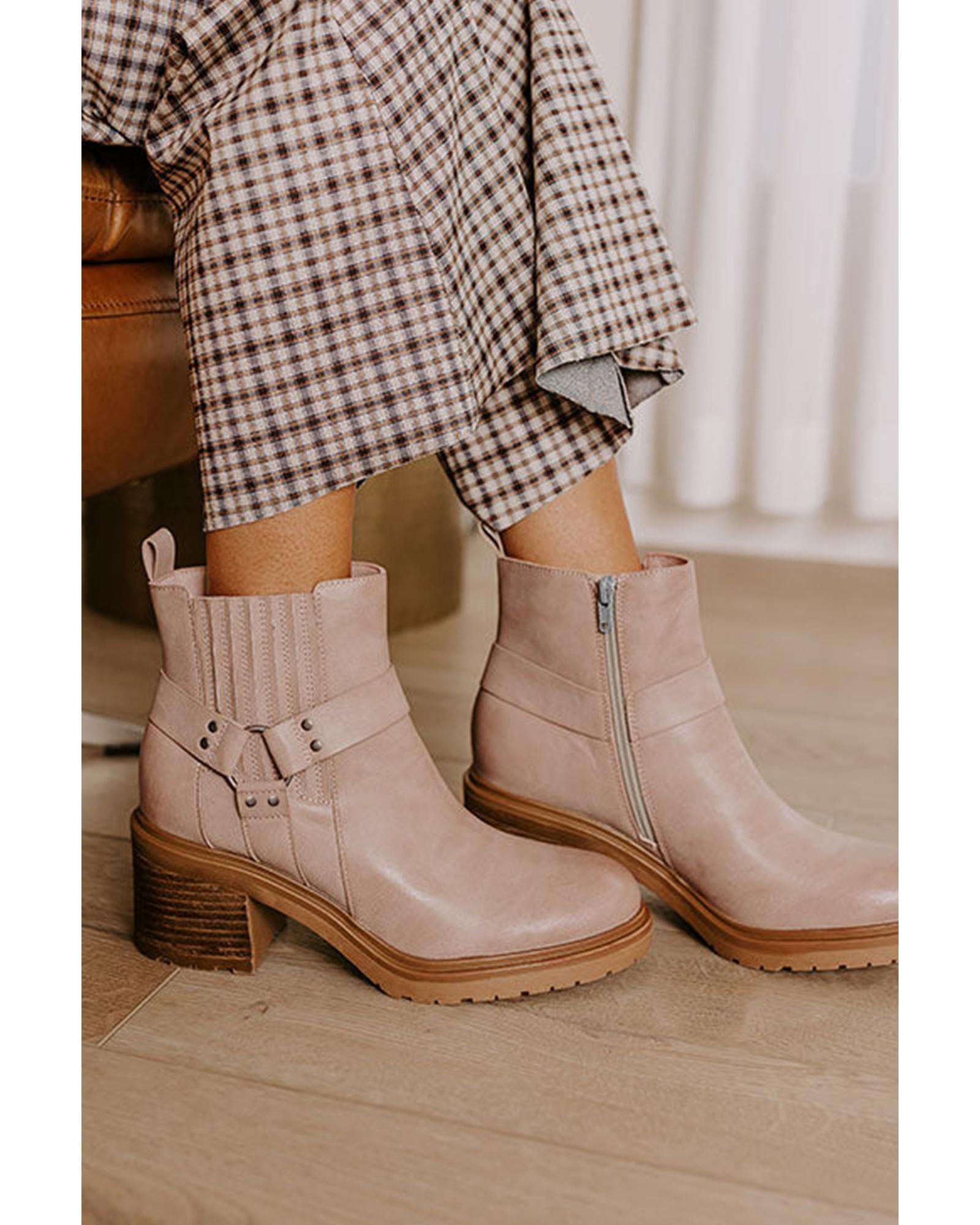 Beige Ring Linked Zipper Chunky Heel Ankle Boots - 42 EU 3