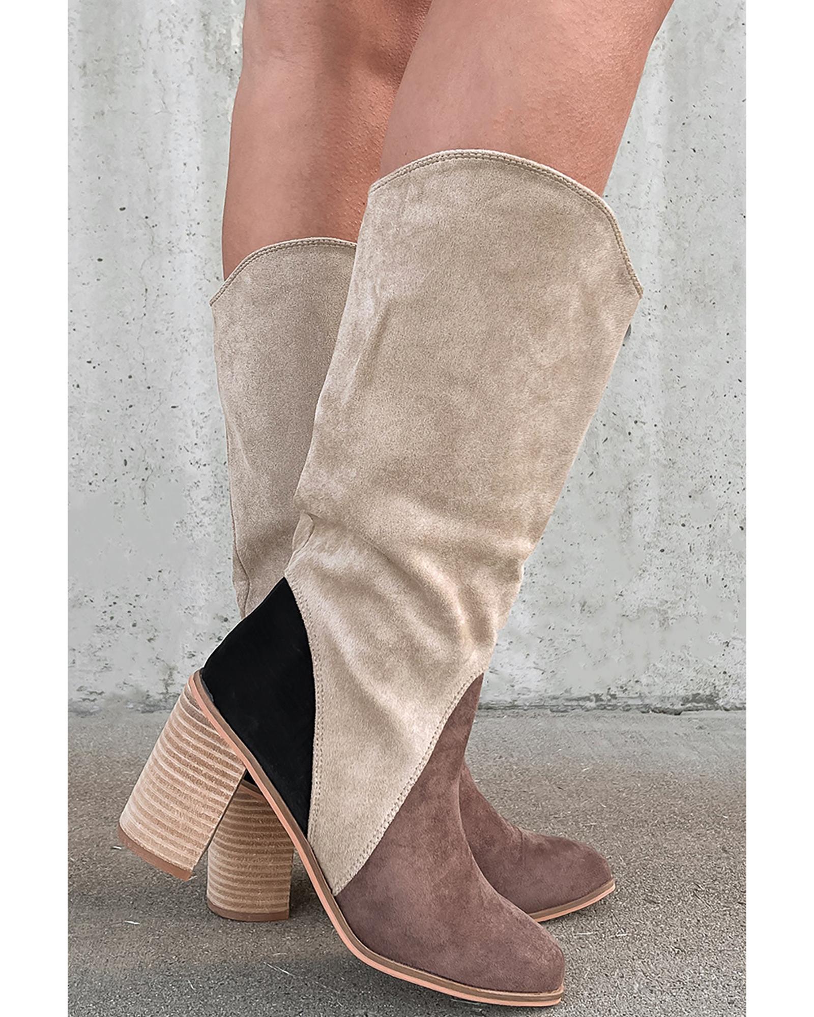Coffee Suede Calf Length Chunky Heel Boots - 40 EU 3