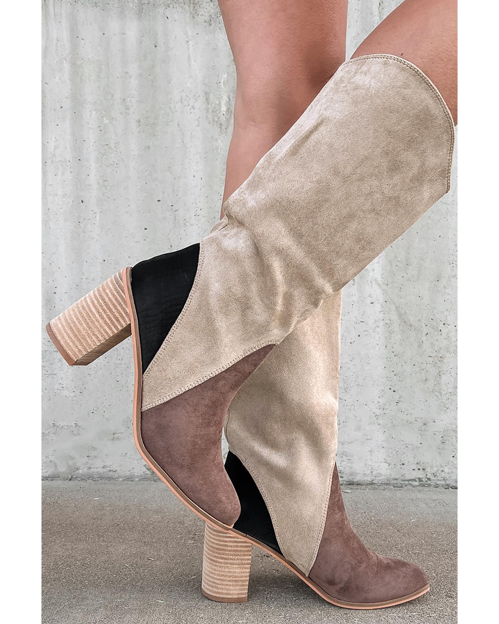 Coffee Suede Calf Length Chunky Heel Boots - 41 EU