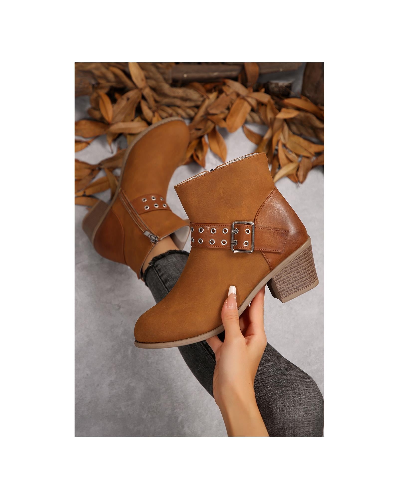 Chestnut Eyelet Buckled Chunky Heel Faux Leather Ankle Boots - 41 EU 3