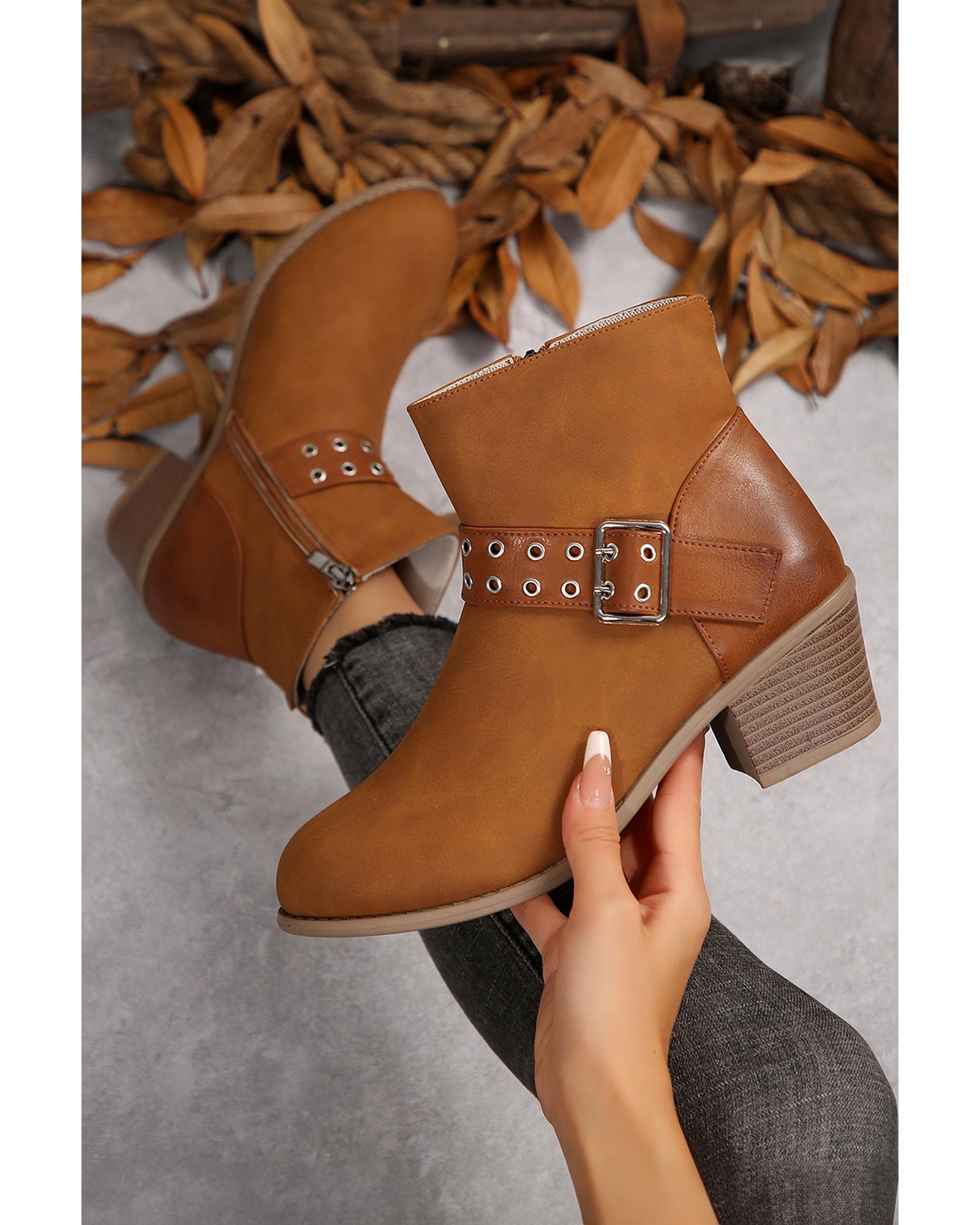 Chestnut Eyelet Buckled Chunky Heel Faux Leather Ankle Boots - 42 EU 3