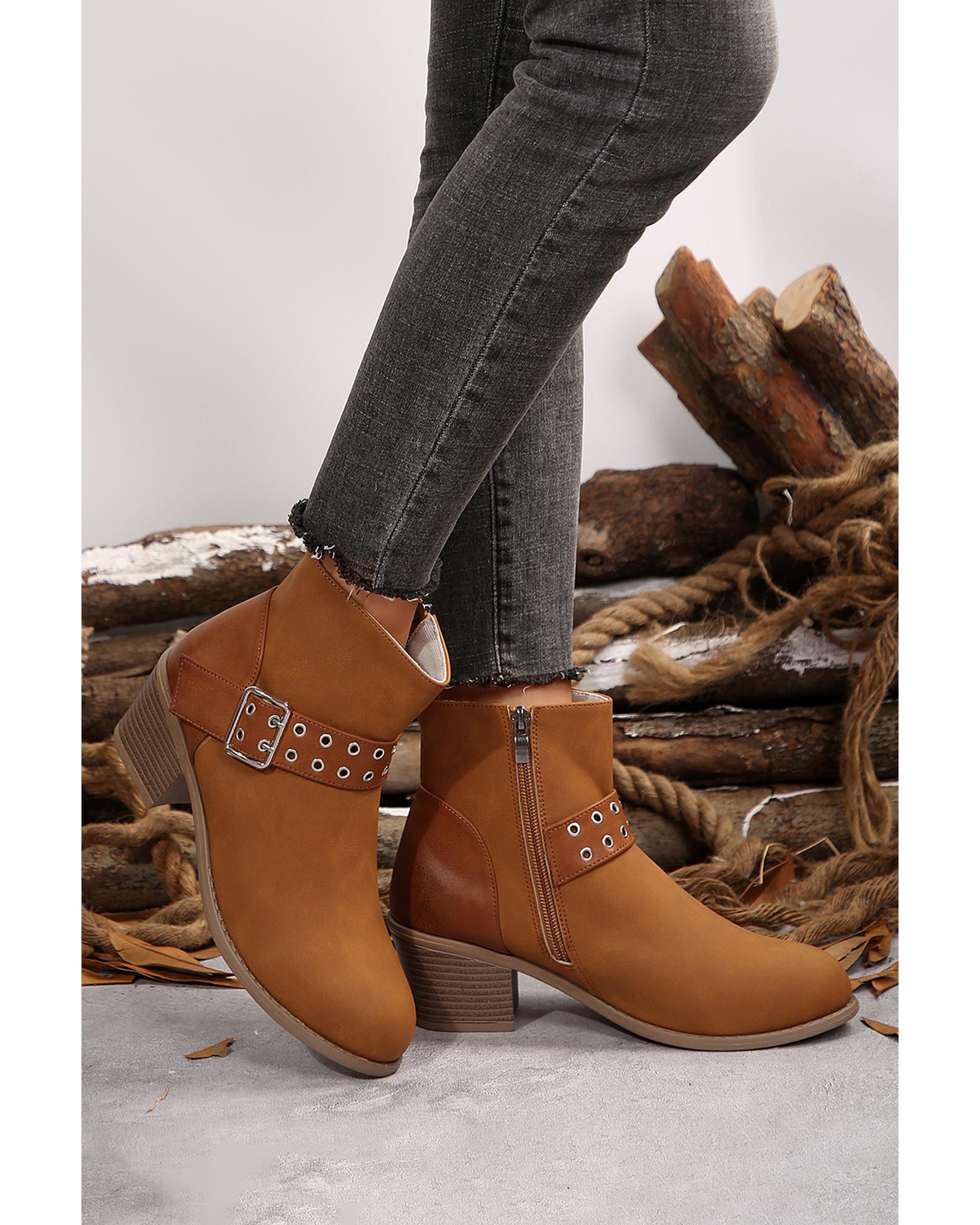 Chestnut Eyelet Buckled Chunky Heel Faux Leather Ankle Boots - 42 EU 4