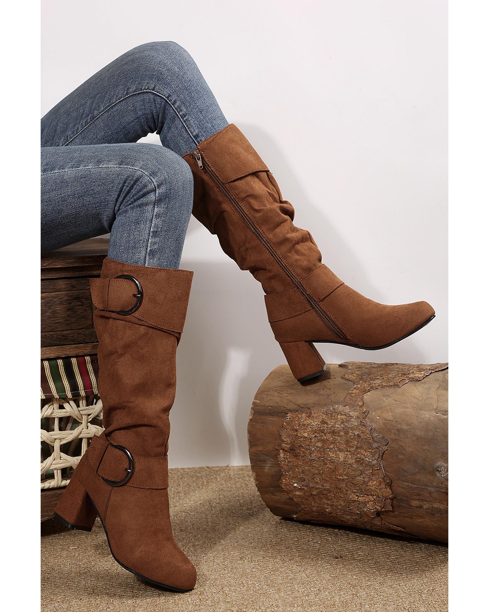 Coffee Suede Double Buckled Side Zipped Mid-calf Boots - 37 EU 3
