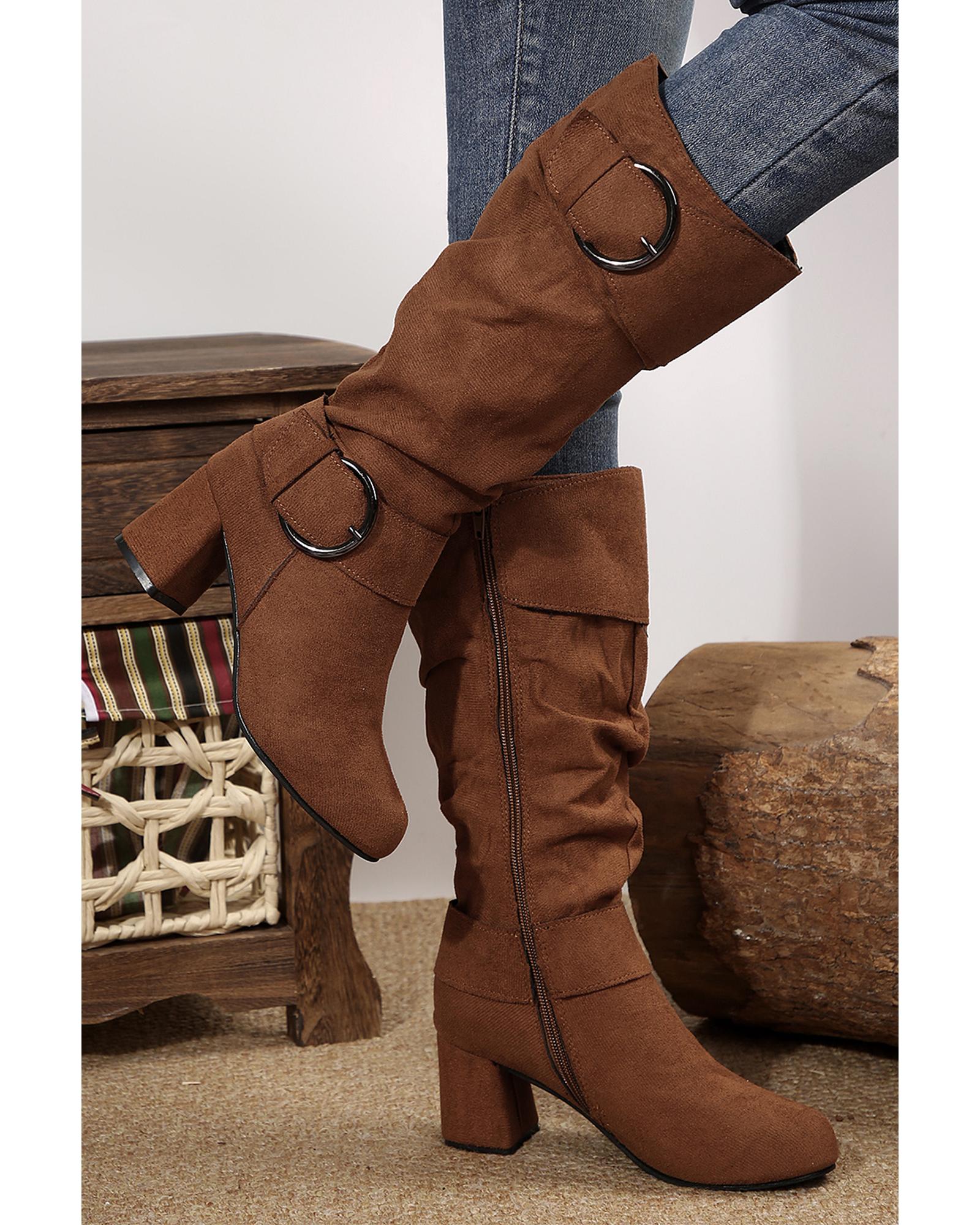 Coffee Suede Double Buckled Side Zipped Mid-calf Boots - 39 EU