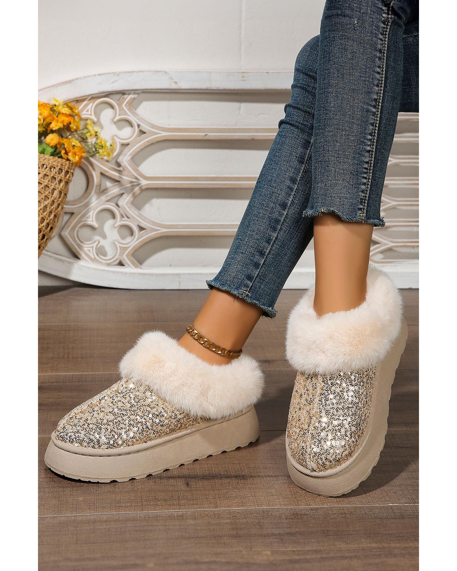 Gold Sequin Plush Lined Thick Sole Snow Boots - 38 EU 3