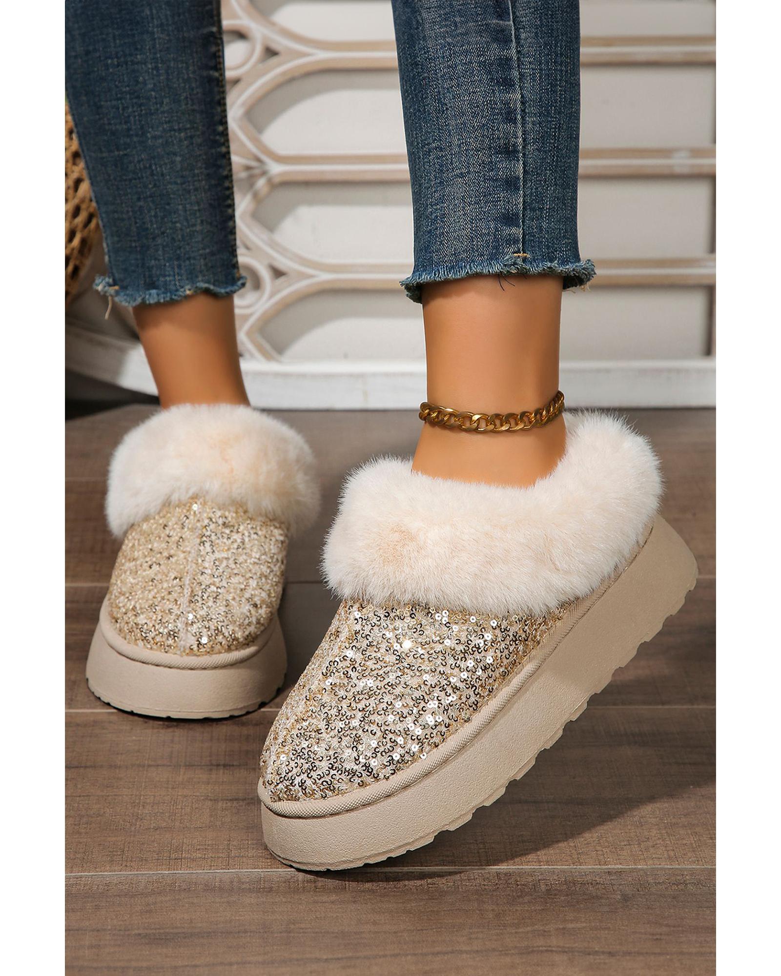 Gold Sequin Plush Lined Thick Sole Snow Boots - 38 EU 6