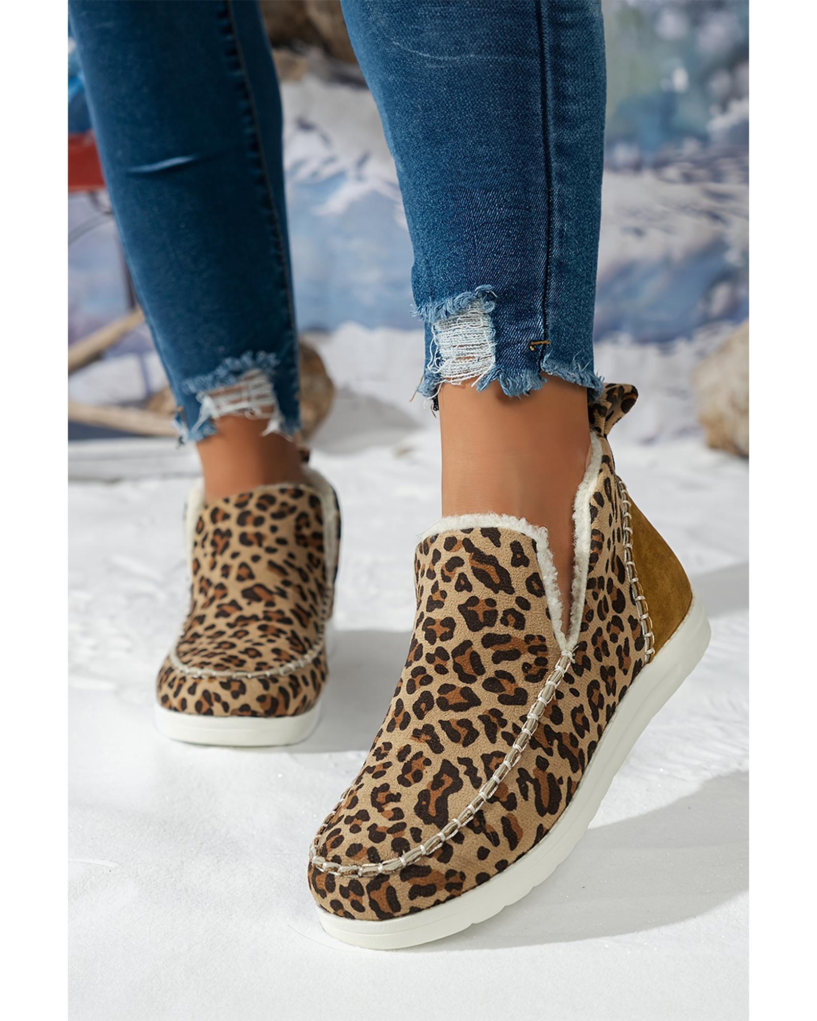 Brown Leopard Print Ankle Patched Flat Winter Fur Boots - 43 EU 3
