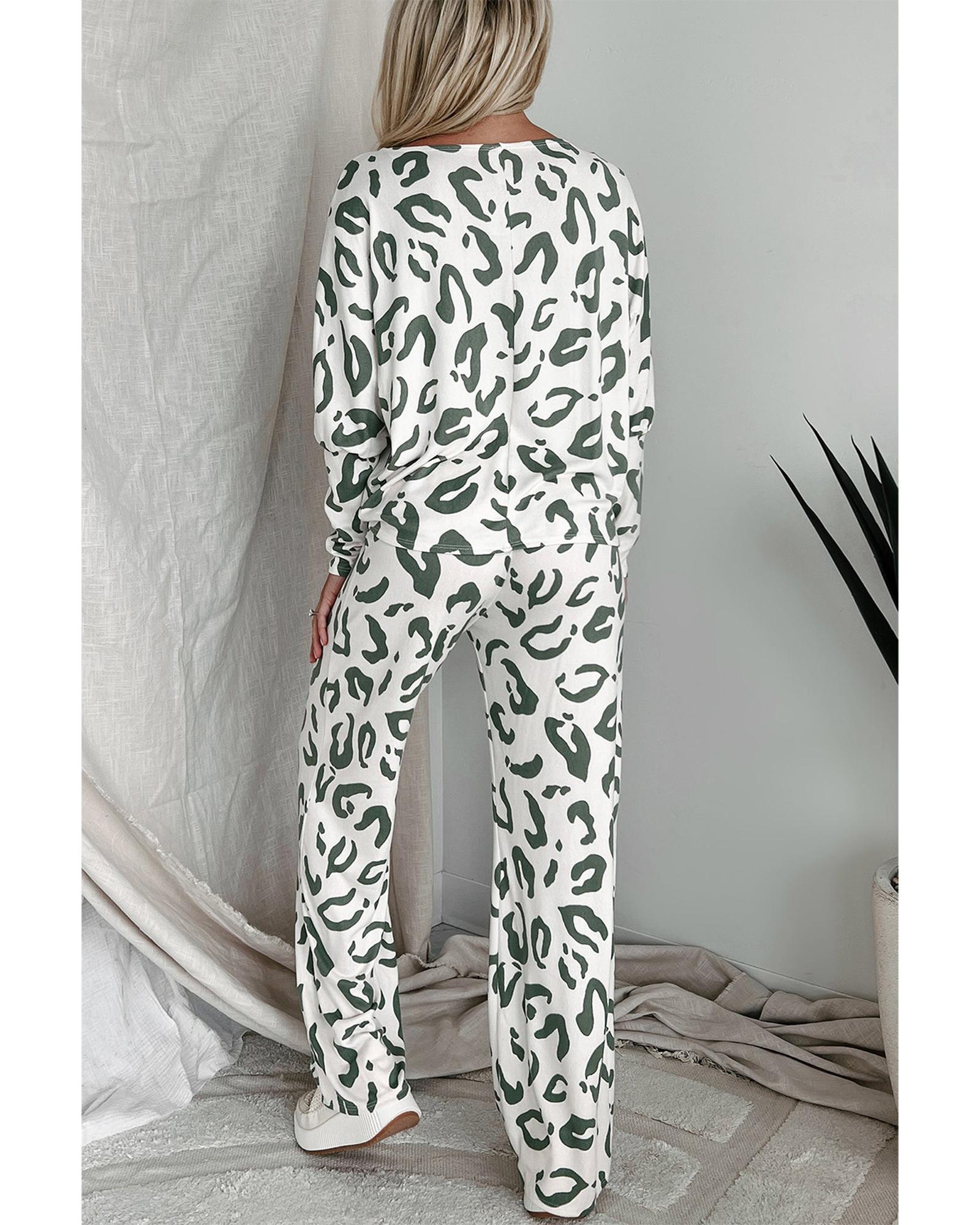 Beige Leopard Animal Print Long Sleeve and Pants Loungewear Set - L