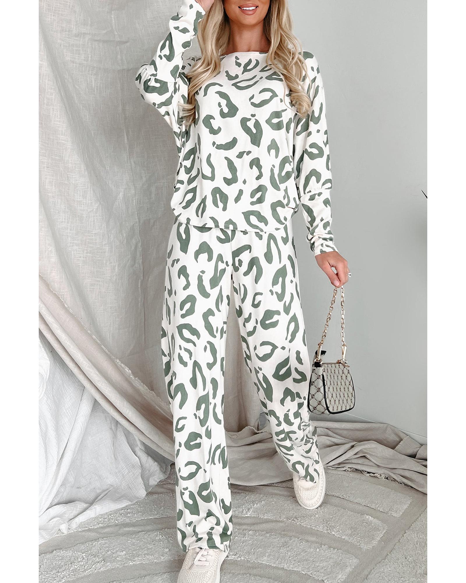 Beige Leopard Animal Print Long Sleeve and Pants Loungewear Set - XL 4