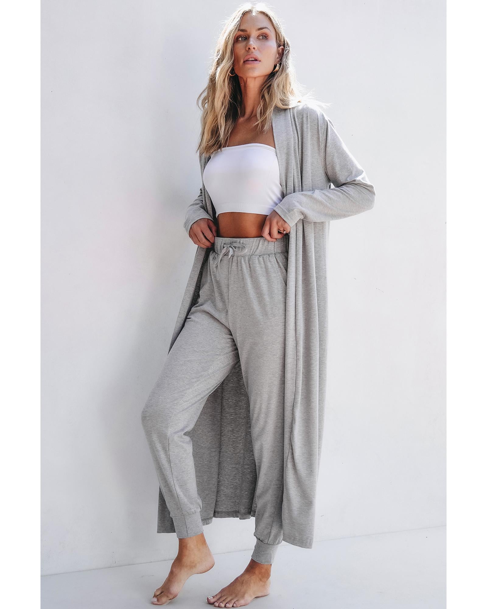 Light Grey Split Long Cardigan and Skinny Pants Lounge Set - M