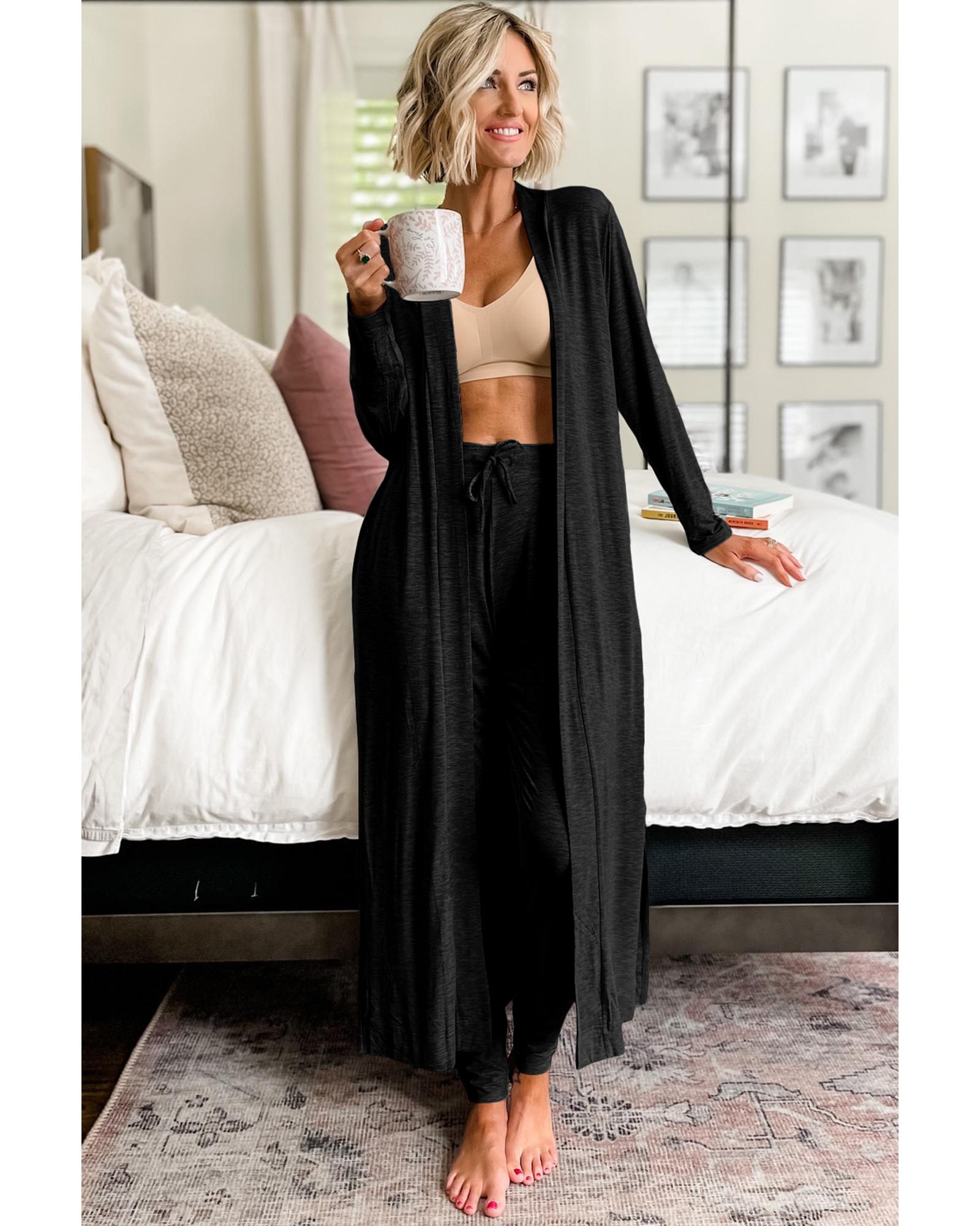 Black Split Long Cardigan and Skinny Pants Lounge Set - XL 3