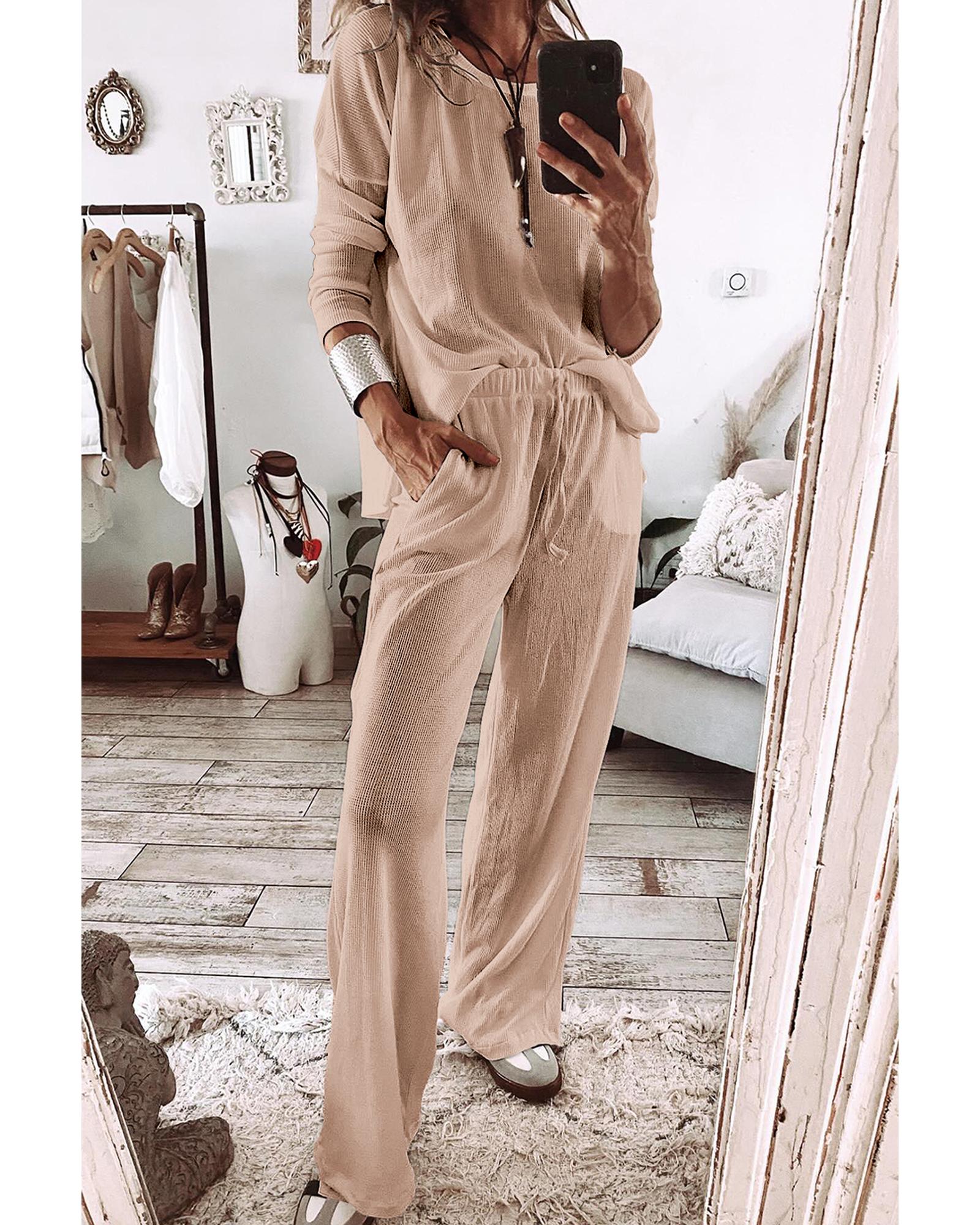 Parchment Textured Long Sleeve T Shirt and Pants Lounge Set - 2XL 4