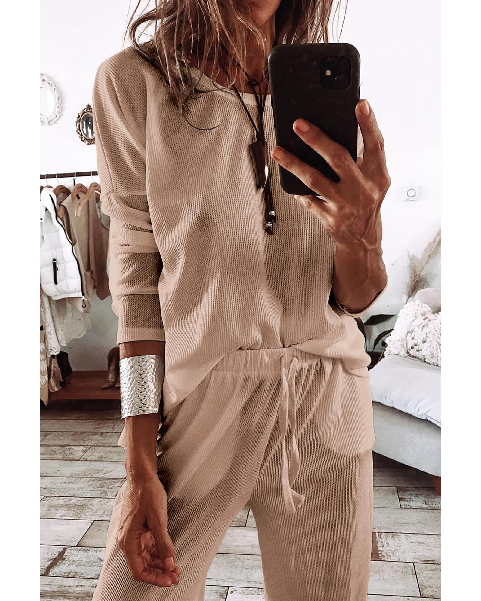 Parchment Textured Long Sleeve T Shirt and Pants Lounge Set - 2XL 5