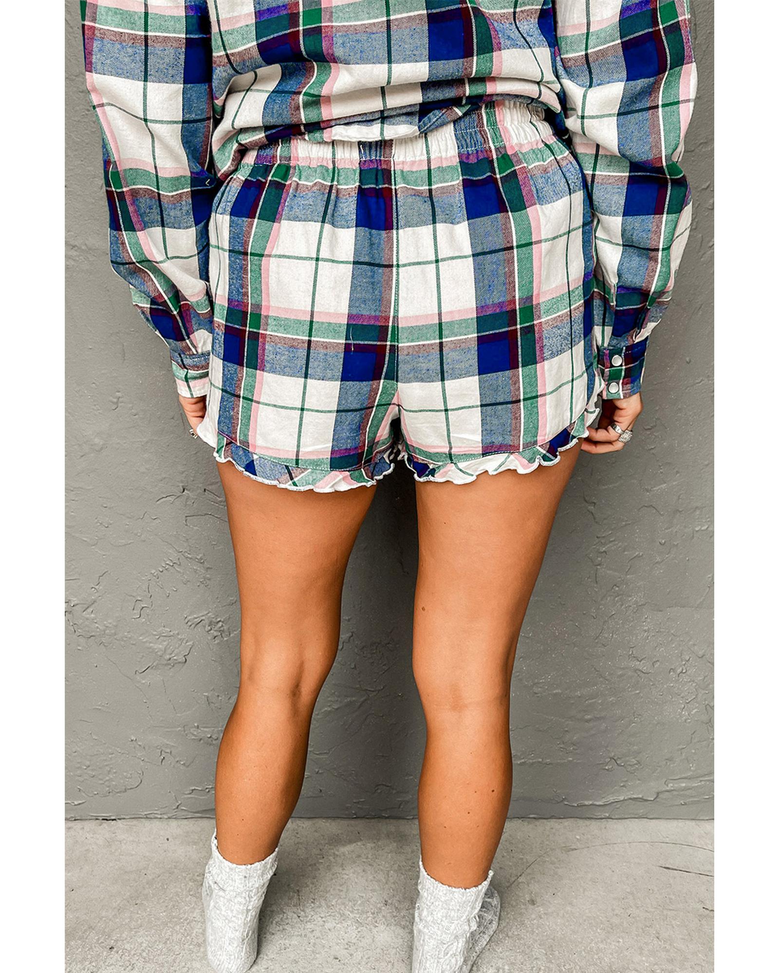 Blue Plaid Print Shirt and Shorts 2Pcs Lounge Set - M